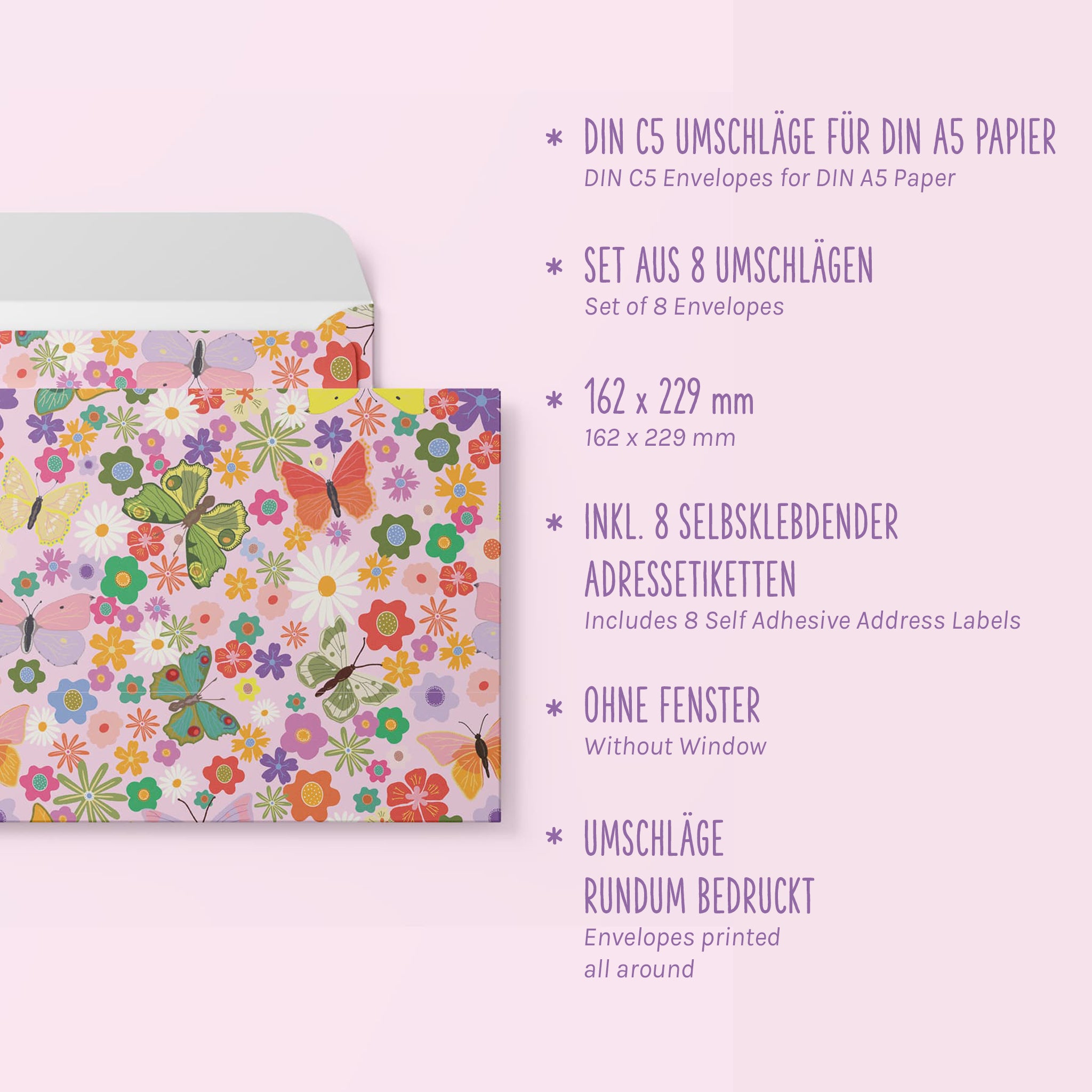 Briefumschläge "Blumenwiese" - Set mit 8 Kuverts in DIN C5