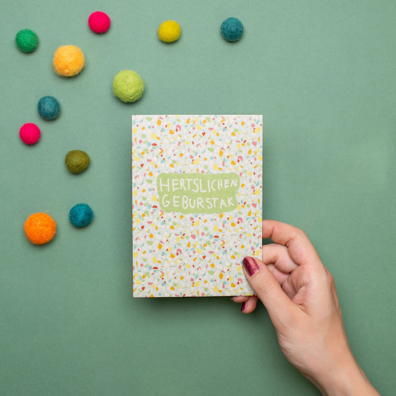 Postkarte Terrazzo "Hertslichen Geburstak"