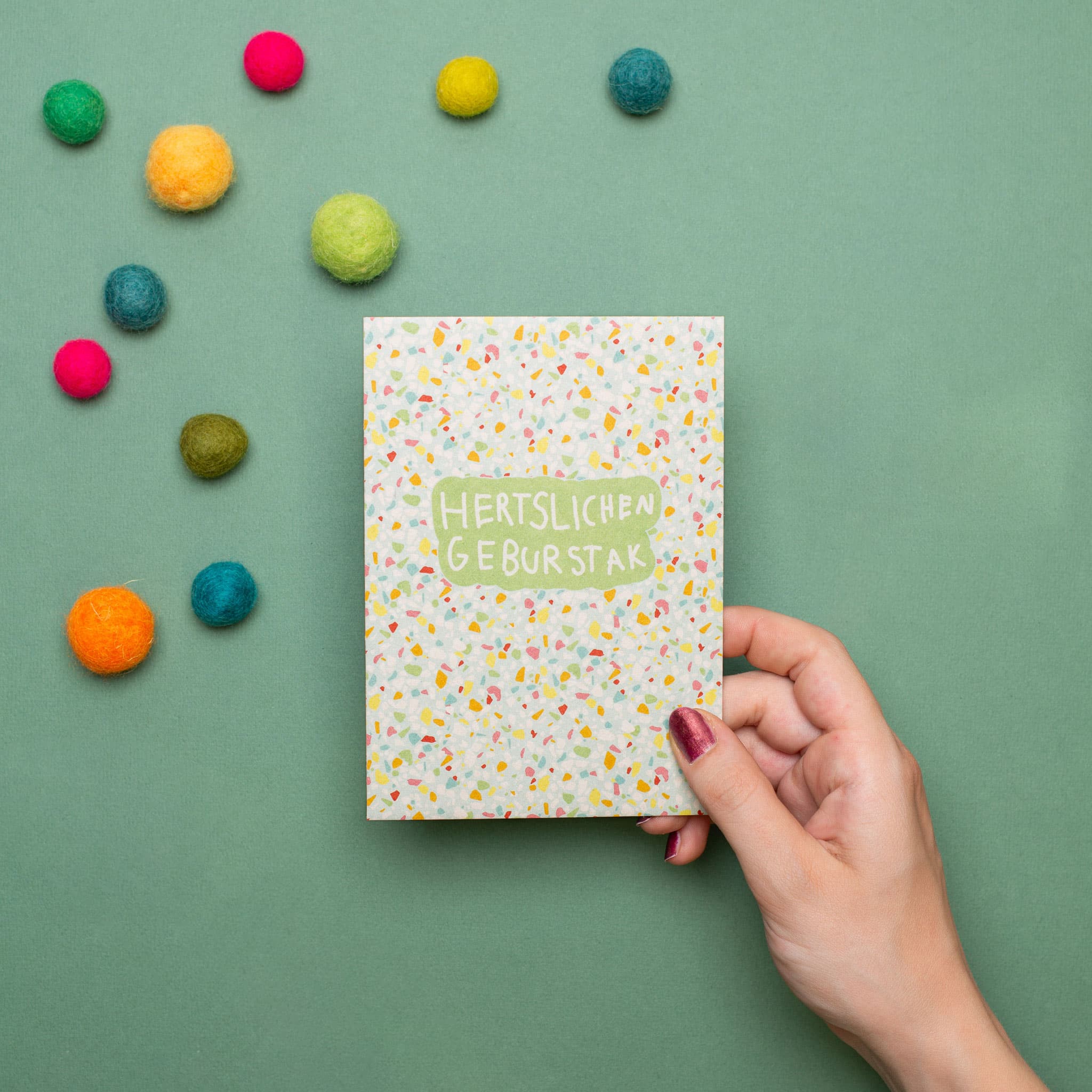 Postkarte Terrazzo "Hertslichen Geburstak"