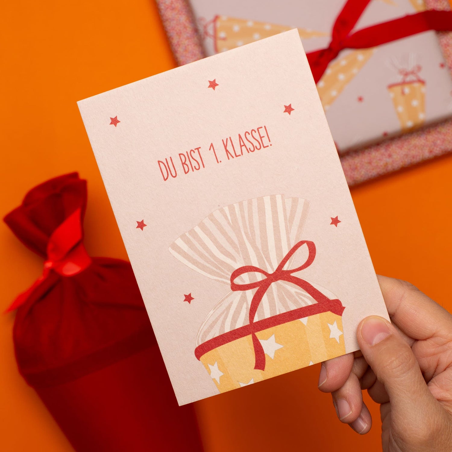 Postkarte Schultüte "Du bist 1. Klasse"