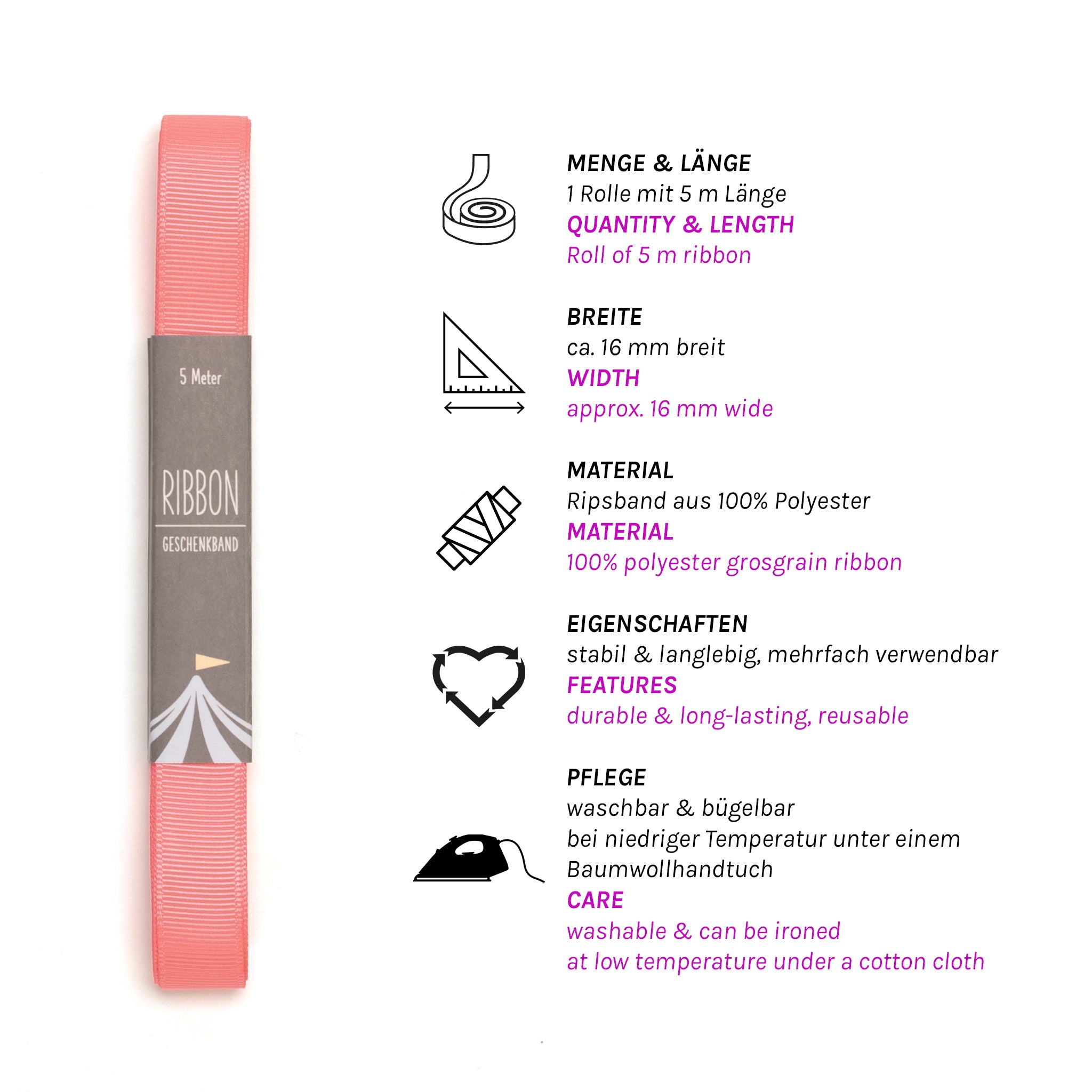 Geschenkband Neon Pink - 16mm x 5m