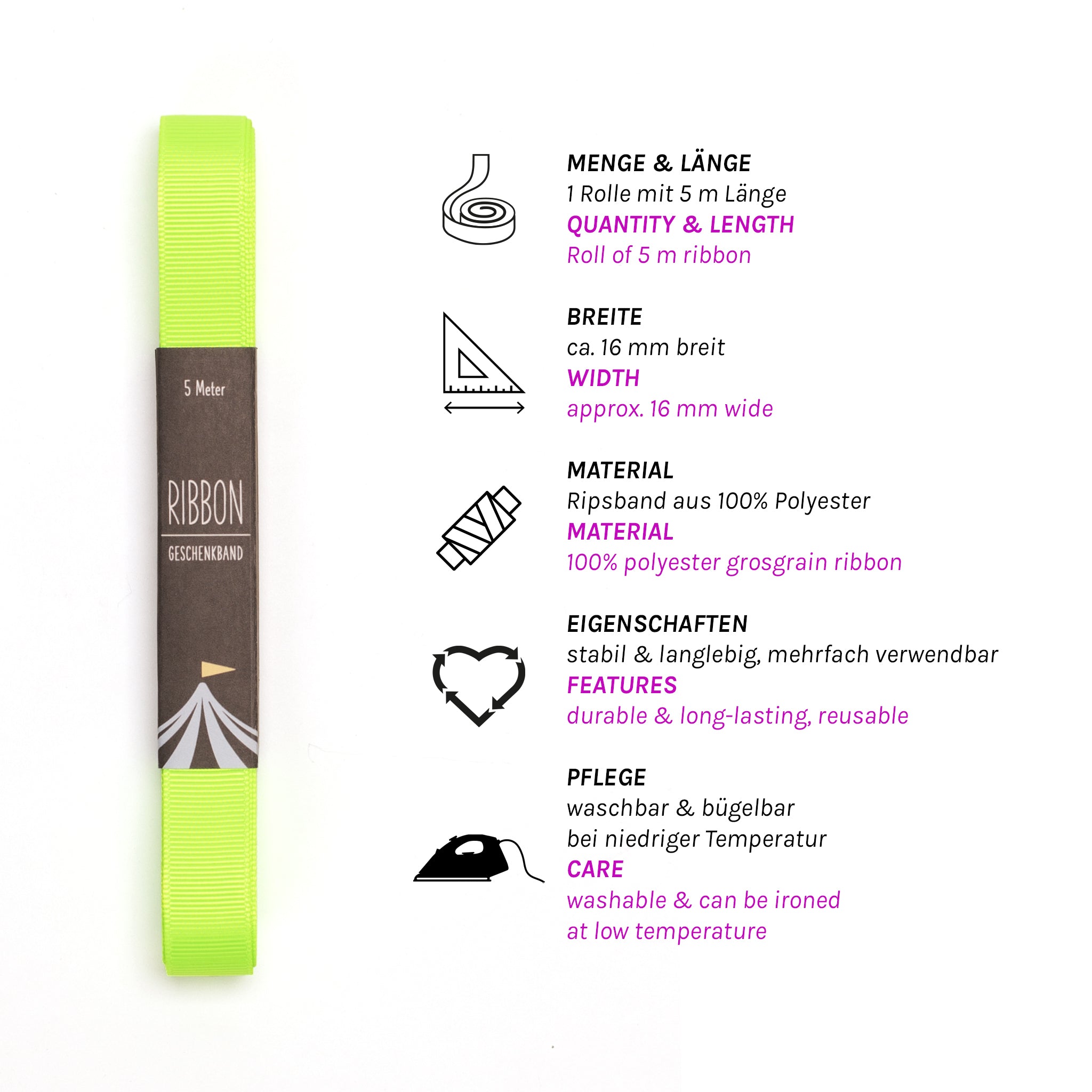 Geschenkband Neon Gelb - 16mm x 5m