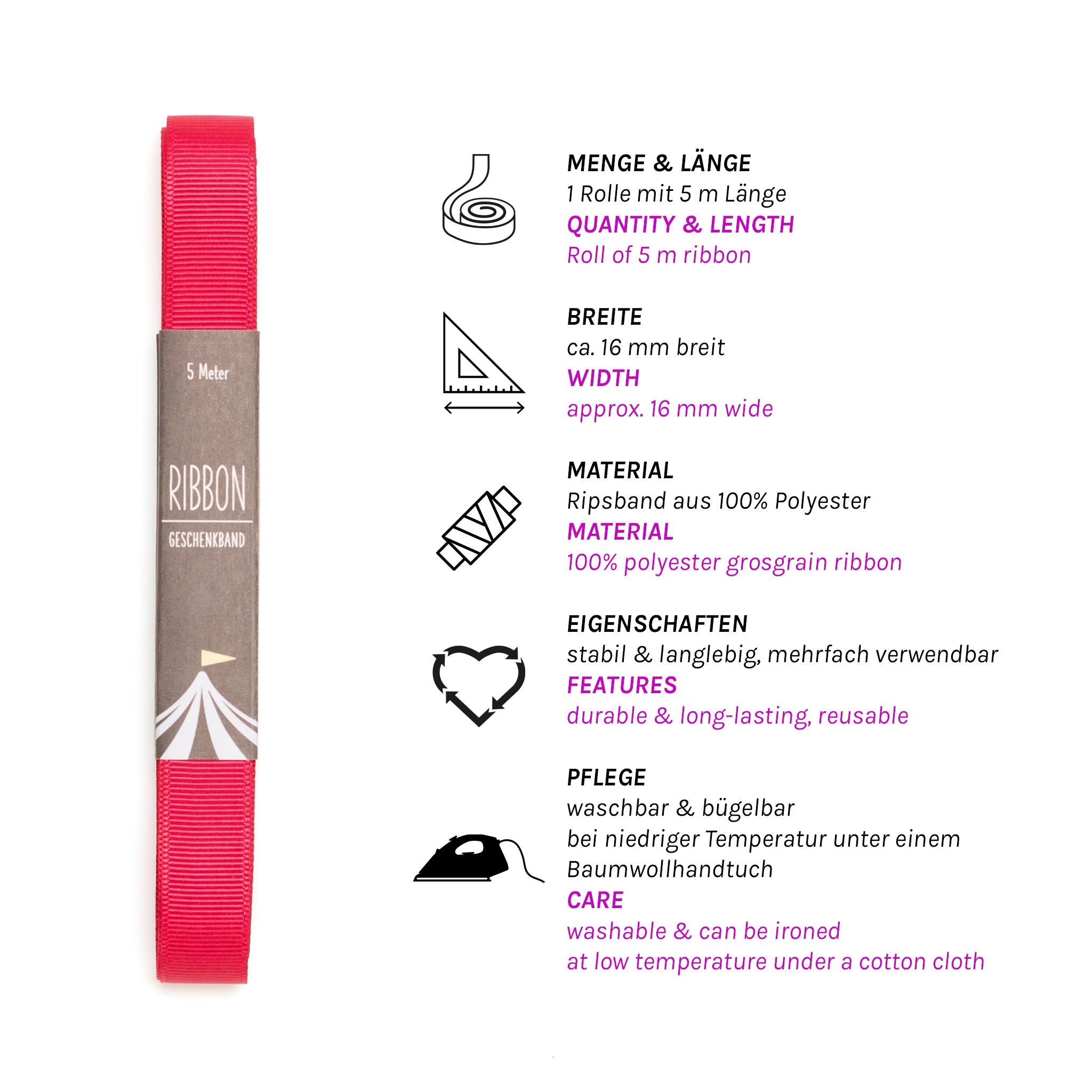 Geschenkband Pink - 16mm x 5m