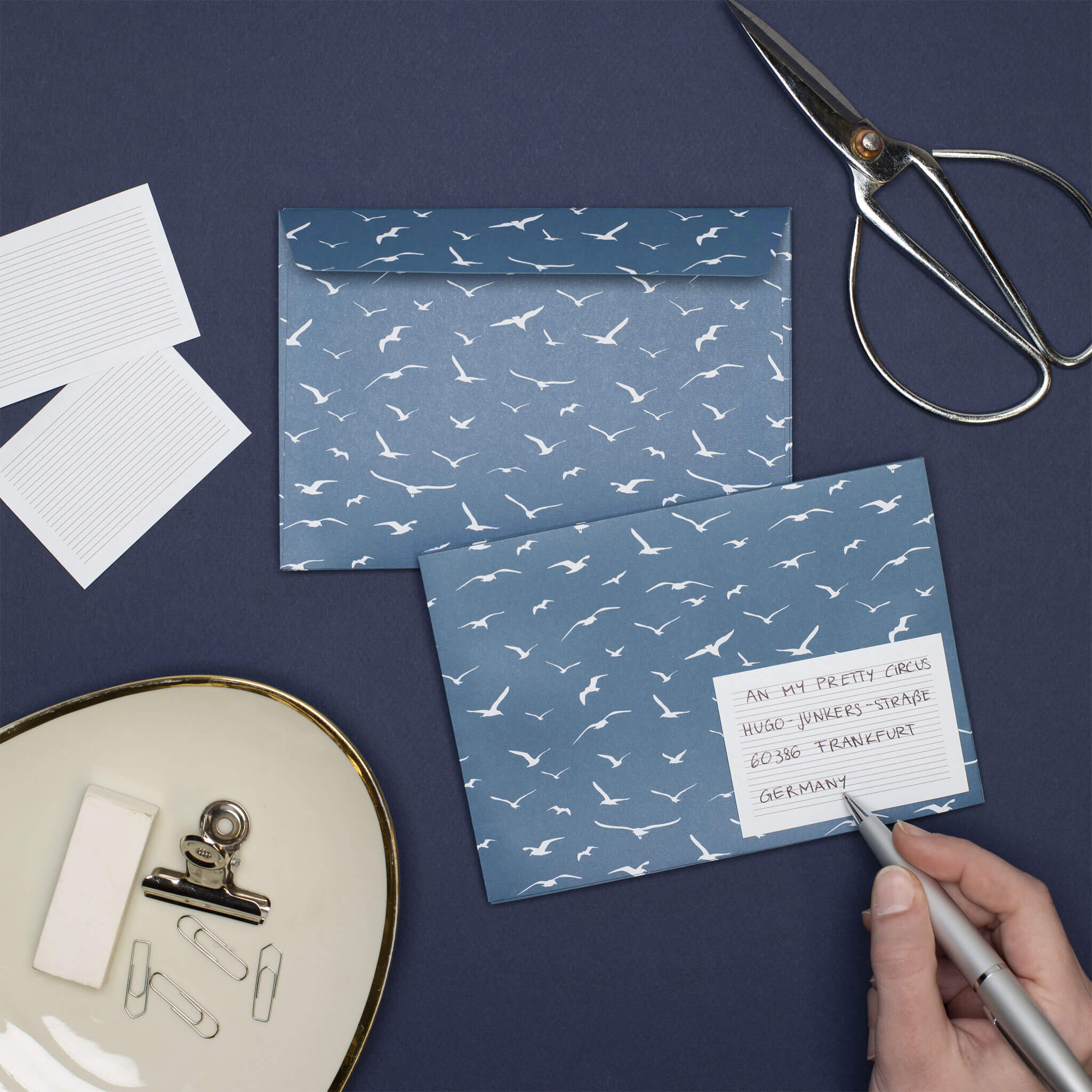 BRIEFUMSCHLÄGE BLAUE MÖWEN - Briefumschläge mit maritimen Möwen für Urlaubsgrüße, Set aus 8 blauen Kuverts in C6 mit selbstklebender Klappe und Adressetiketten zum Beschriften-EN-BIR001-PT | My Pretty Circus