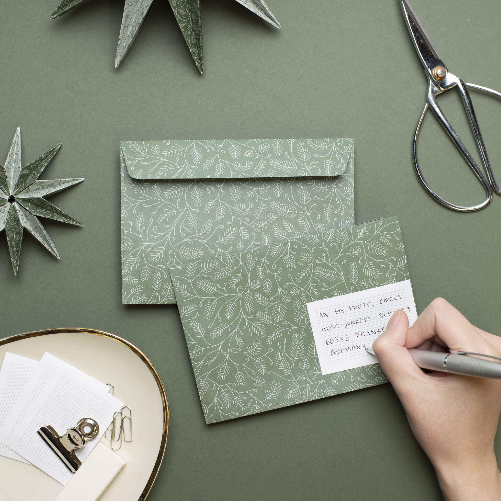 BRIEFUMSCHLÄGE GRÜNE ZWEIGE - Briefumschläge mit Tannenzweigen für Weihnachtsgrüße, Set aus 8 grünen Kuverts in C6 mit selbstklebender Klappe und Adressetiketten zum Beschriften-EN-BRA2204-GR | My Pretty Circus