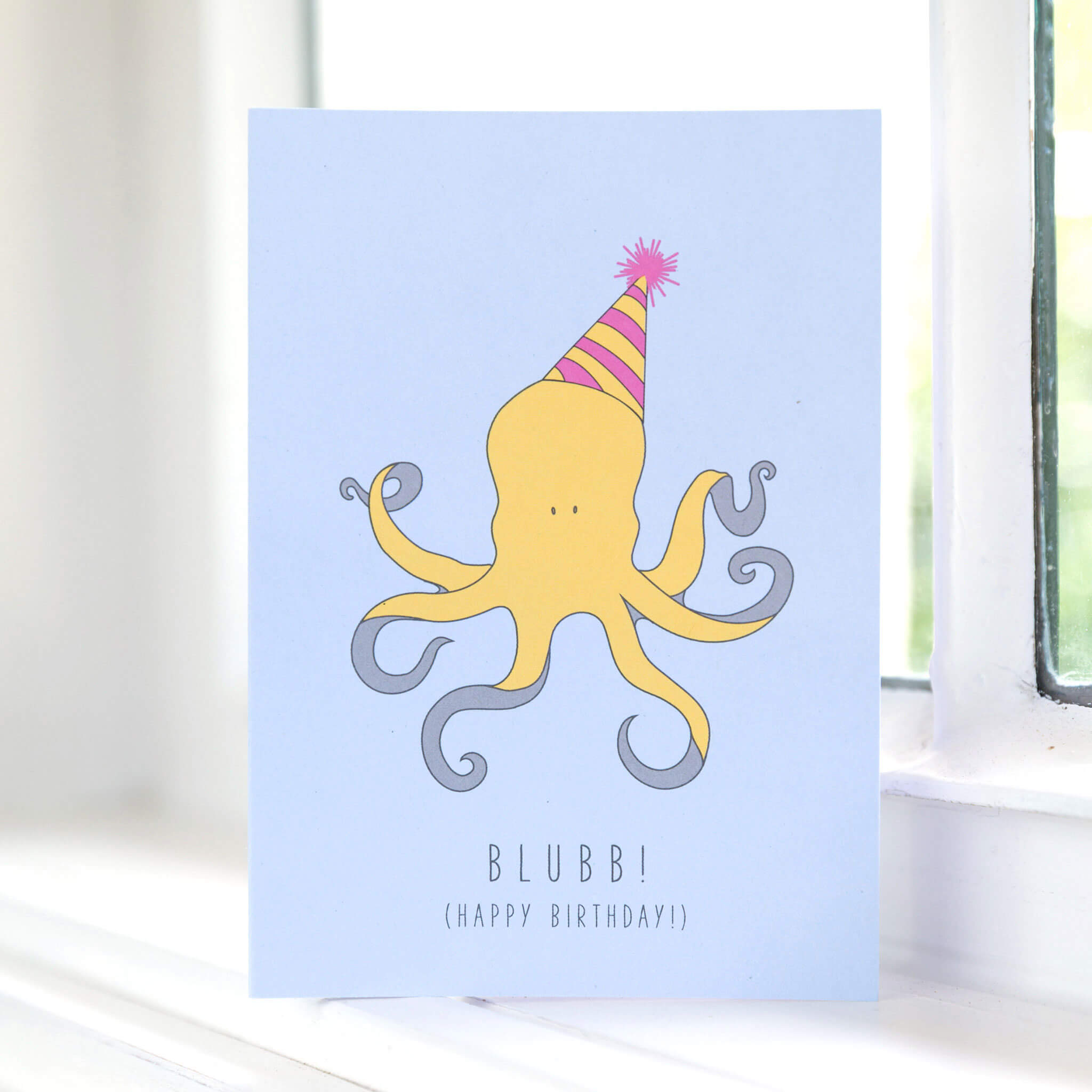 GEBURTSTAGSKARTE KRAKE "BLUBB - HAPPY BIRTHDAY" in hellblau und gelb von My Pretty Circus | GC-OCT1604-LB