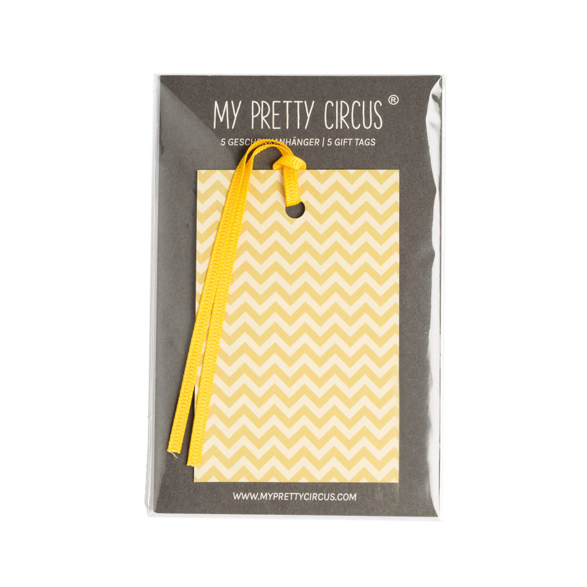 Geschenkanhänger "Chevron" - 5er Set mit senfgelbem Zickzackmuster und farblich passendem Band - 100% Recyclingpapier von My Pretty Circus | GT-CHE009-MU