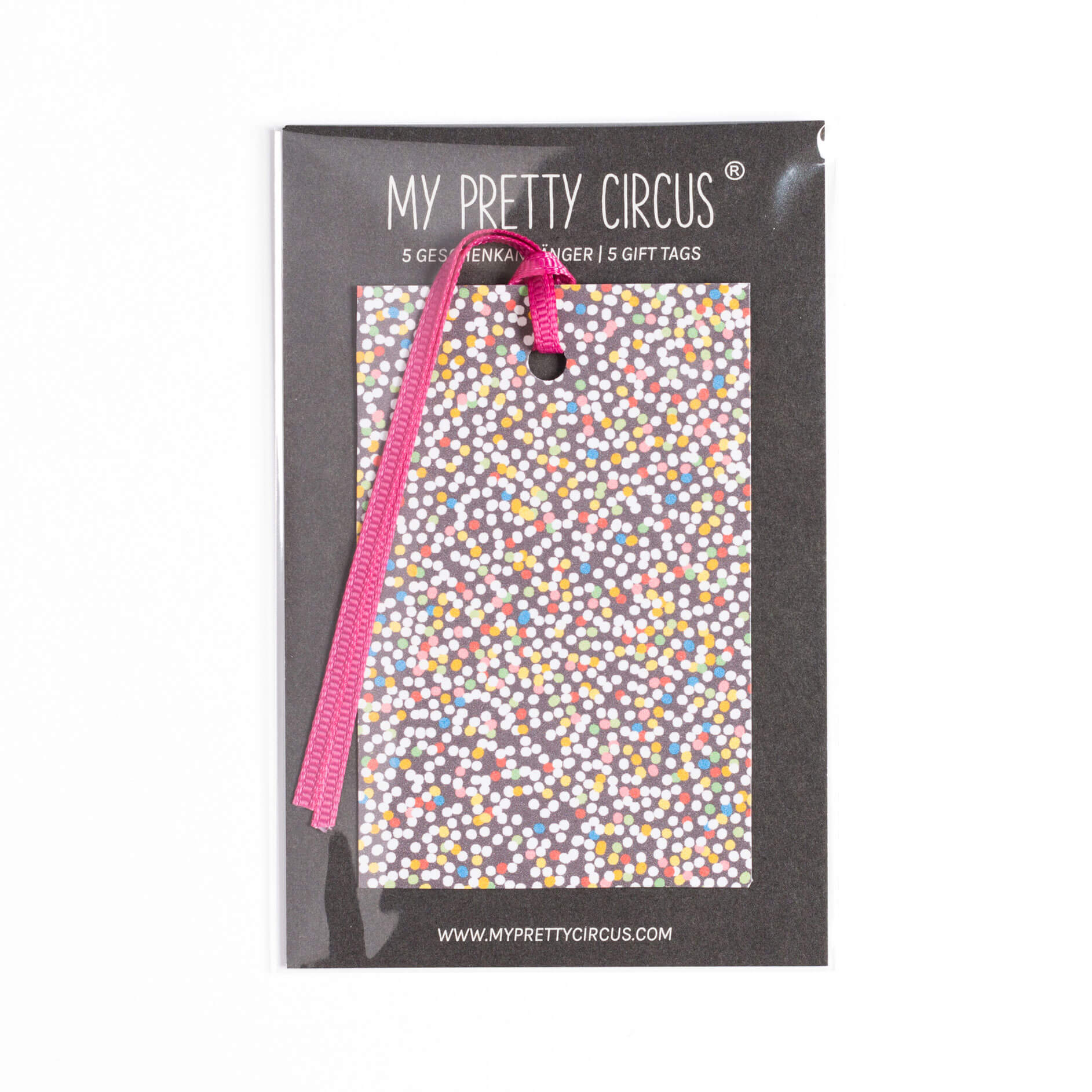Geschenkanhänger "Nonpareilles" - 5er Set mit bunten Zuckerperlen und farblich passendem Band von My Pretty Circus | GT-NON016-BR
