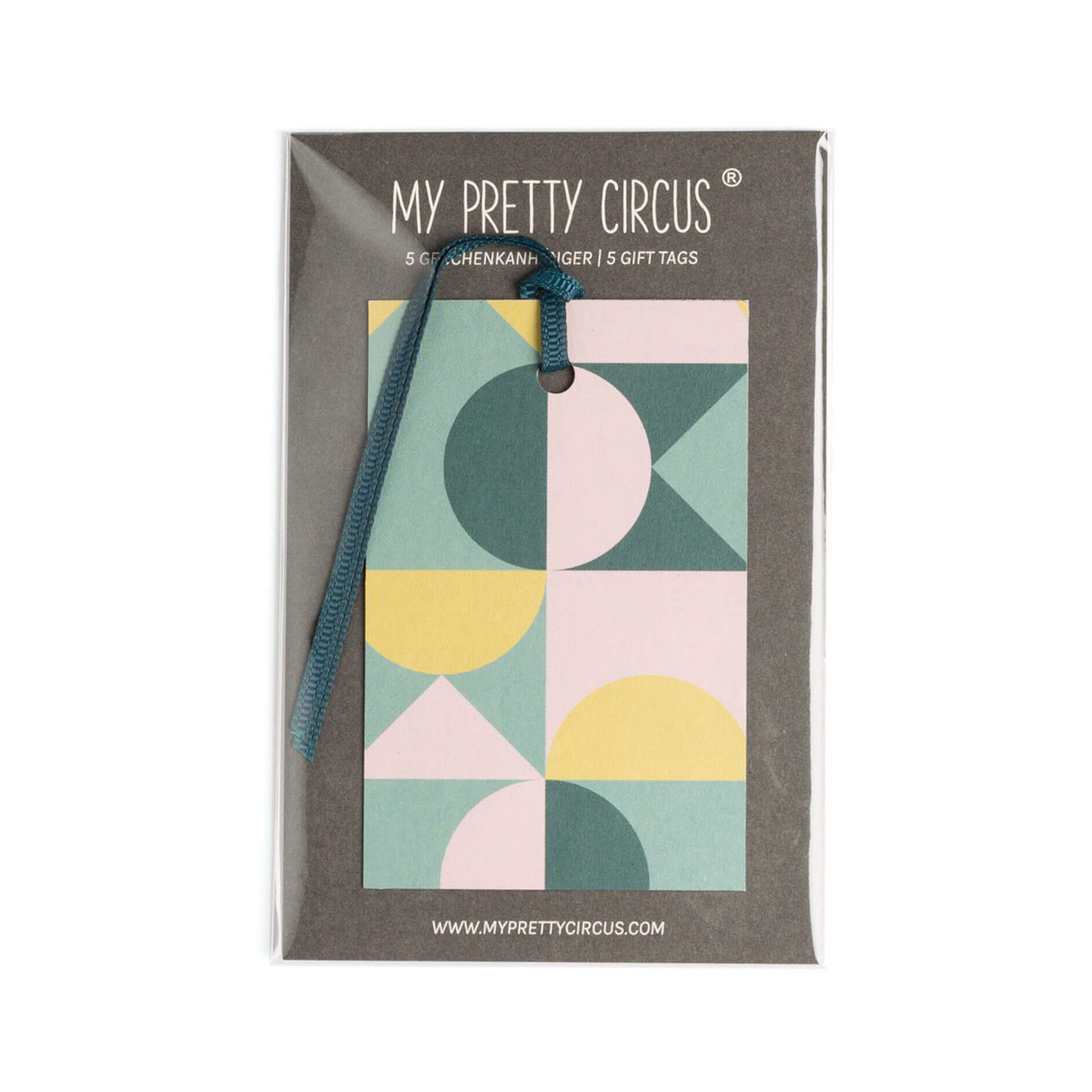 Geschenkanhänger "Shapes" - 5er Set mit geometrischen Formen im Retro Stil und farblich passendem Band - 100% Recyclingpapier von My Pretty Circus | GT-SHA010-BG