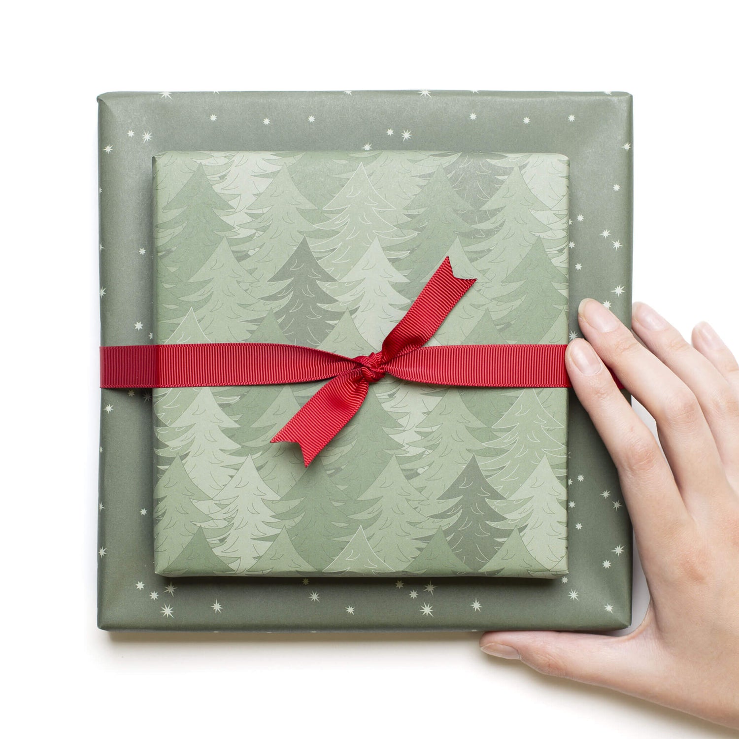 Geschenkpapier "Wald" und Sterne in grün - doppelseitig bedruckt auf 100% Recyclingpapier  von My Pretty Circus | RW-PIN2029-GR