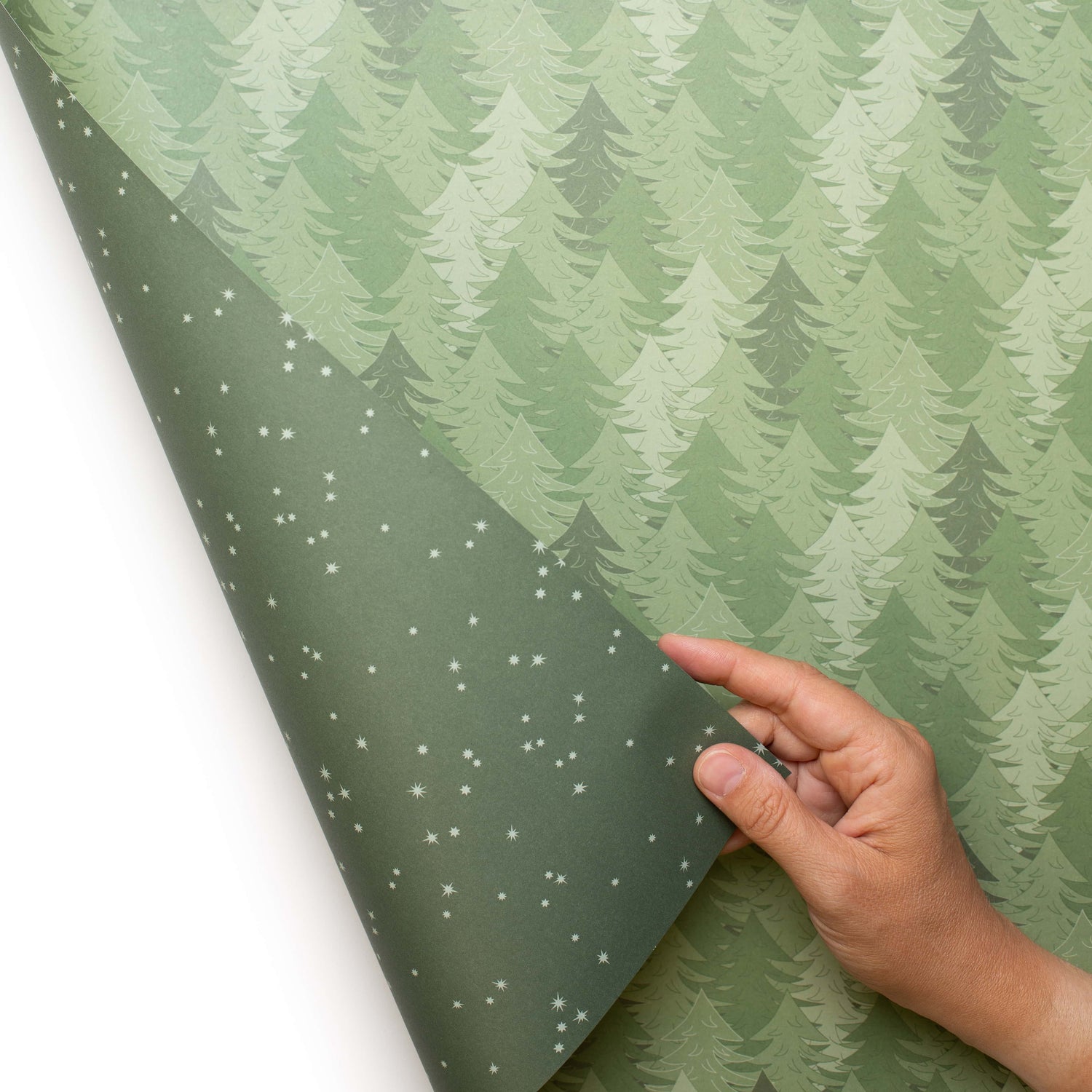 Geschenkpapier "Wald" und Sterne in grün - doppelseitig bedruckt auf 100% Recyclingpapier  von My Pretty Circus | RW-PIN2029-GR