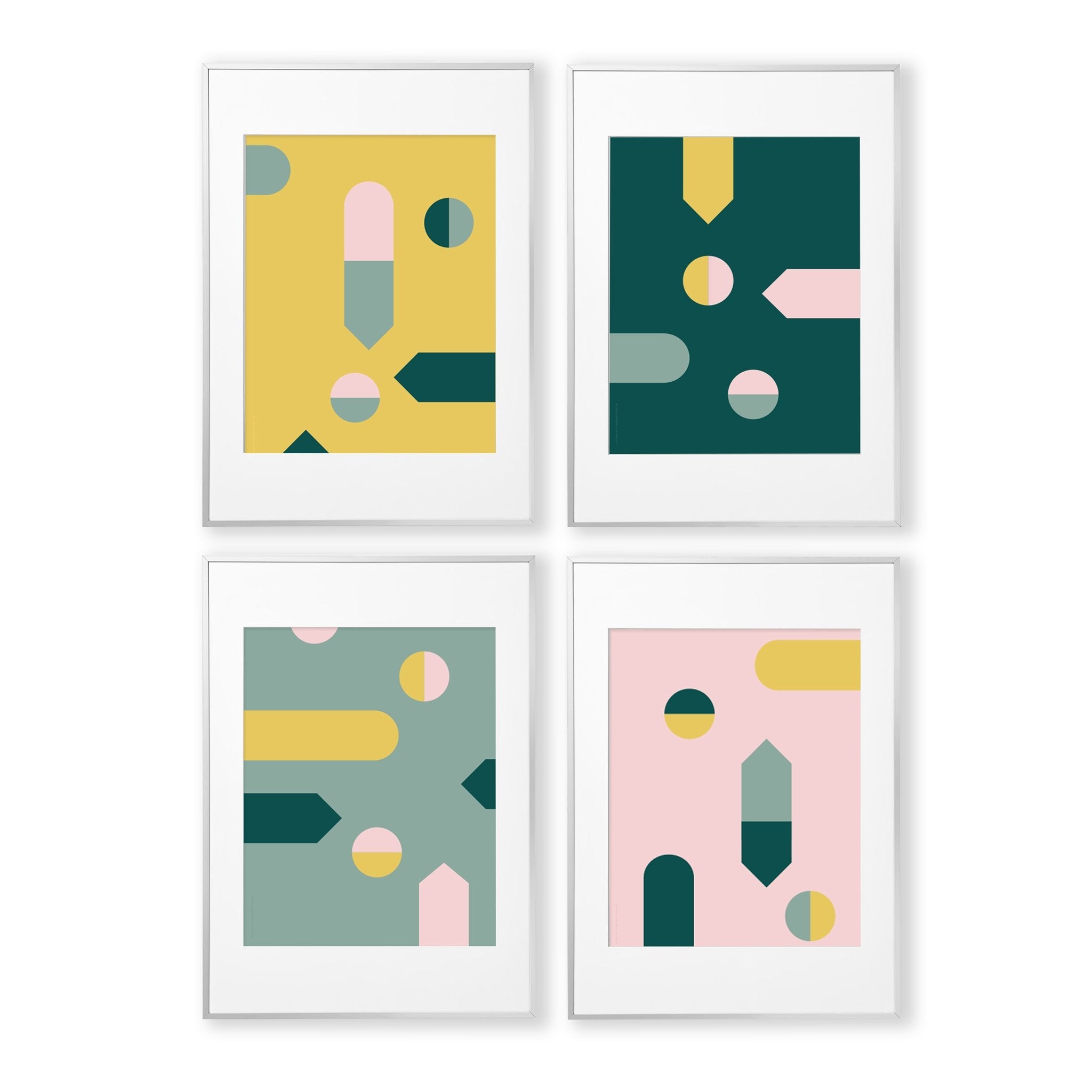 Kunstdrucke für die Wand - 4er Set "Shapes" - rosa, senfgelb, mint, petrol, 30x42cm, 100% Recyclingpapier - MyPrettyCircus - AP-SET005-DI
