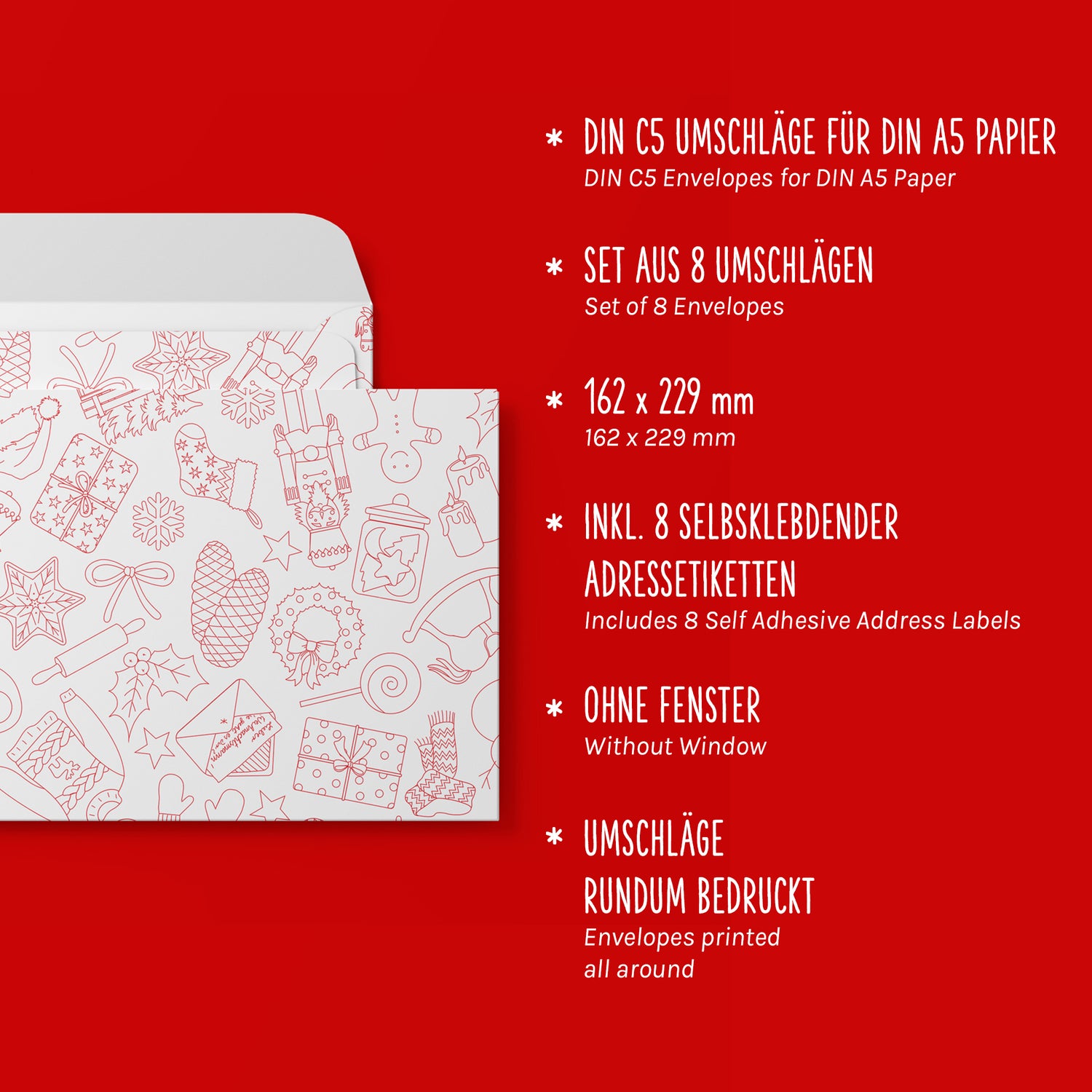 Briefumschläge &quot;Weihnachtsdoodles&quot; - Set mit 8 Kuverts in DIN C5