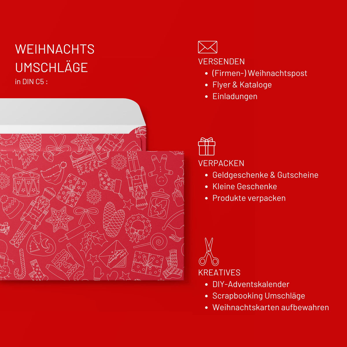 Briefumschläge "Weihnachtsdoodles" - Set mit 8 Kuverts in DIN C5 (Kopie)