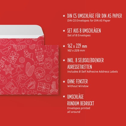 Briefumschläge "Weihnachtsdoodles" - Set mit 8 Kuverts in DIN C5 (Kopie)