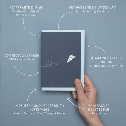 Infografik zur Grußkarte mit Papierflieger und Herz von My Pretty Circus. Gezeigt wird eine dunkelblaue Klappkarte im Format DIN A6 mit passendem hellblauem Umschlag. Hinweise im Bild erklären: 100 % Recyclingpapier, klimaneutraler Druck, Herstellung in Deutschland, im Altpapier recycelbar. Die Karte wird von einer Hand vor hellblauem Hintergrund gehalten.