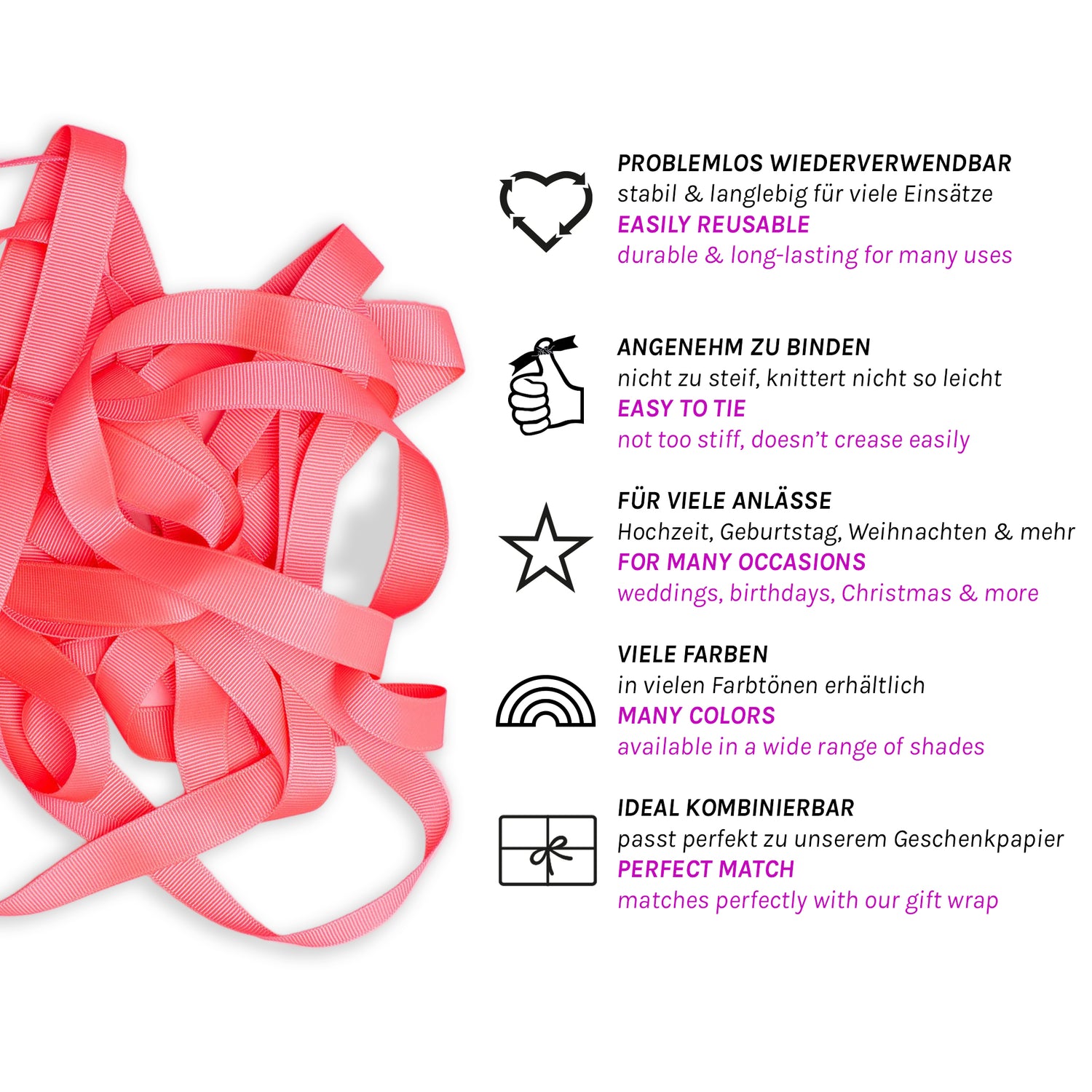 Geschenkband Neon Pink - 16mm x 5m