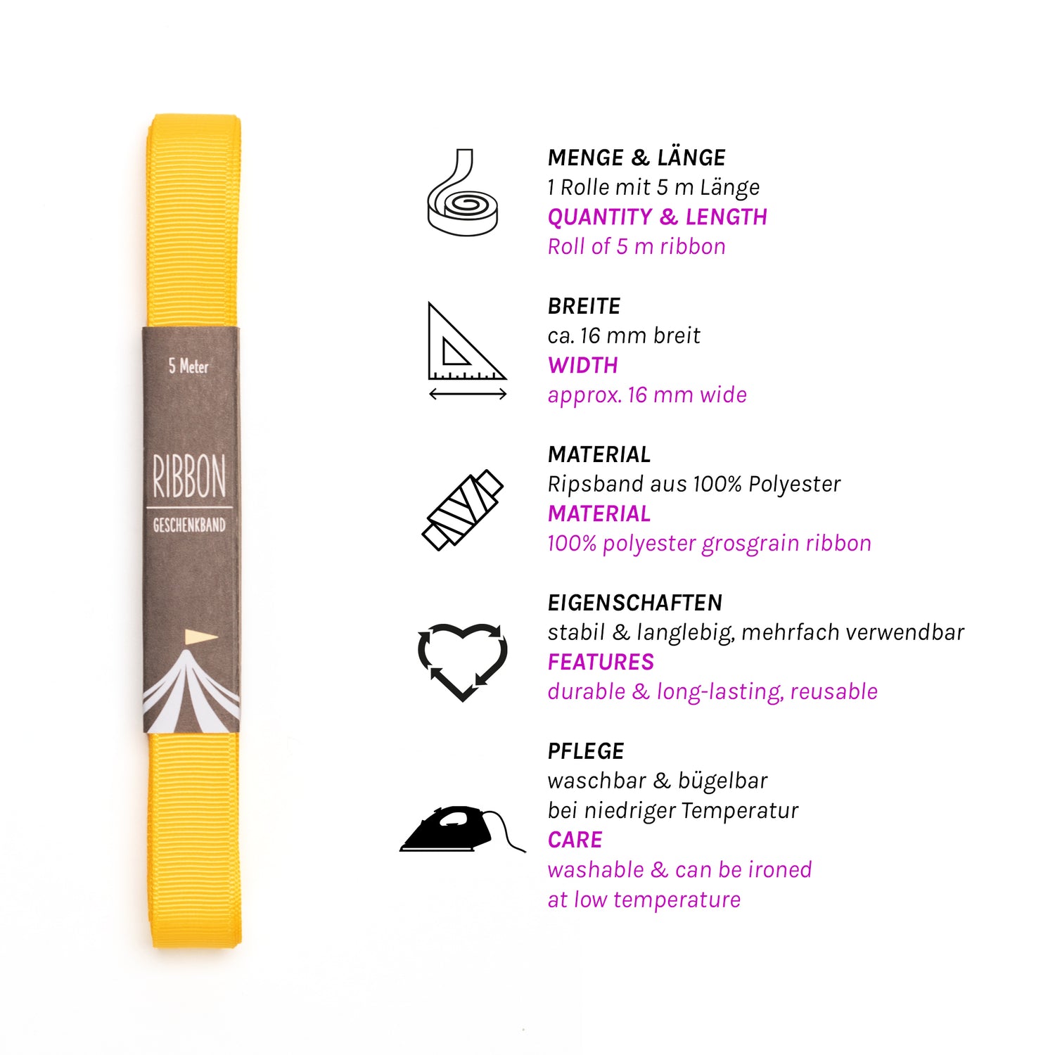 Geschenkband Sonnengelb - 16mm x 5m