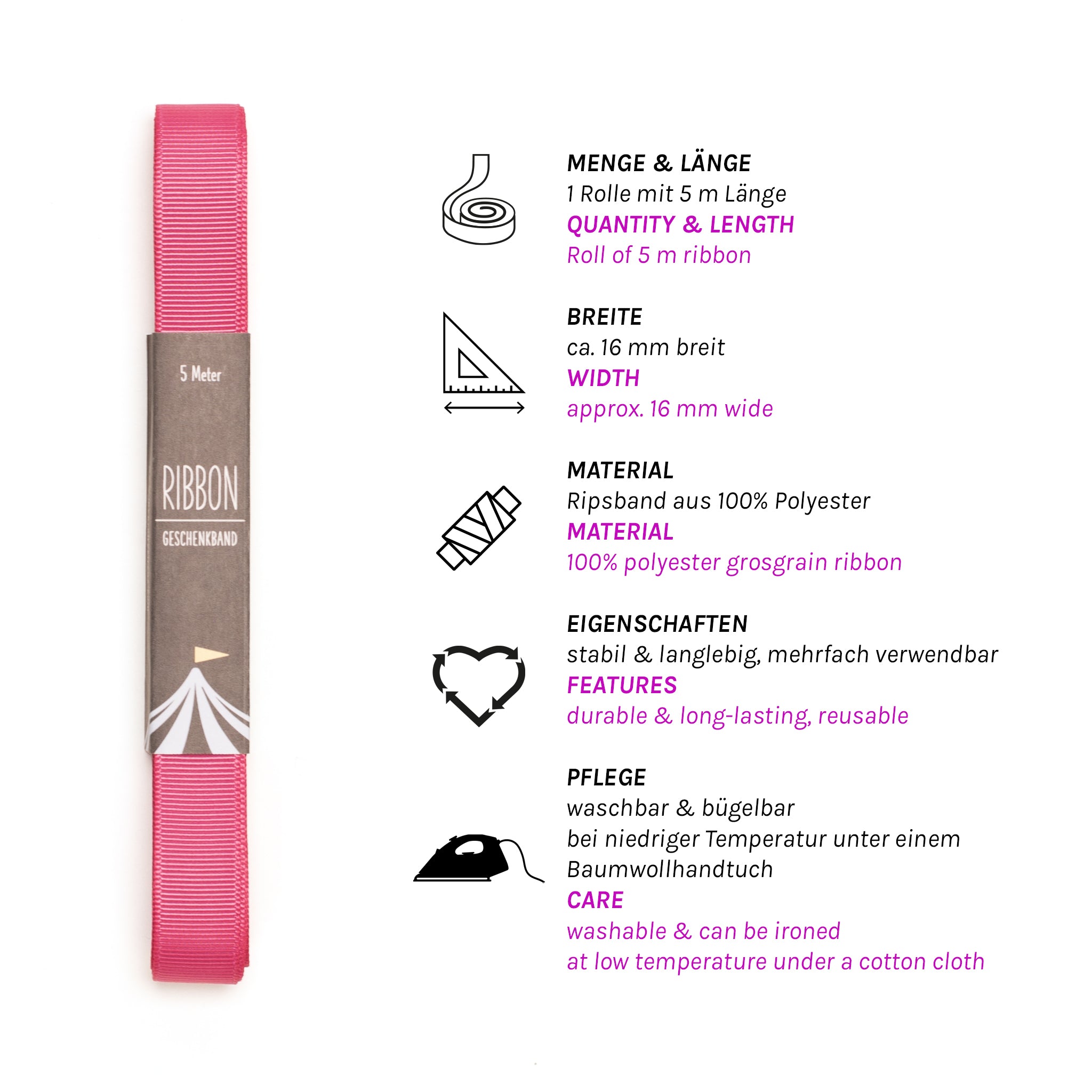 Geschenkband Himbeerrot - 16mm x 5m