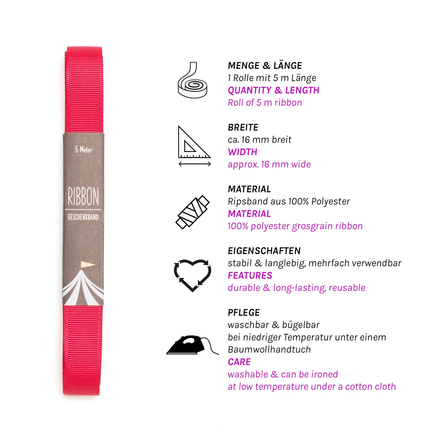 Geschenkband Pink - 16mm x 5m