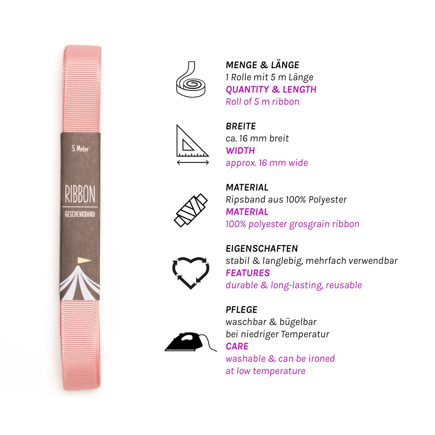 Geschenkband Altrosa - 16mm x 5m