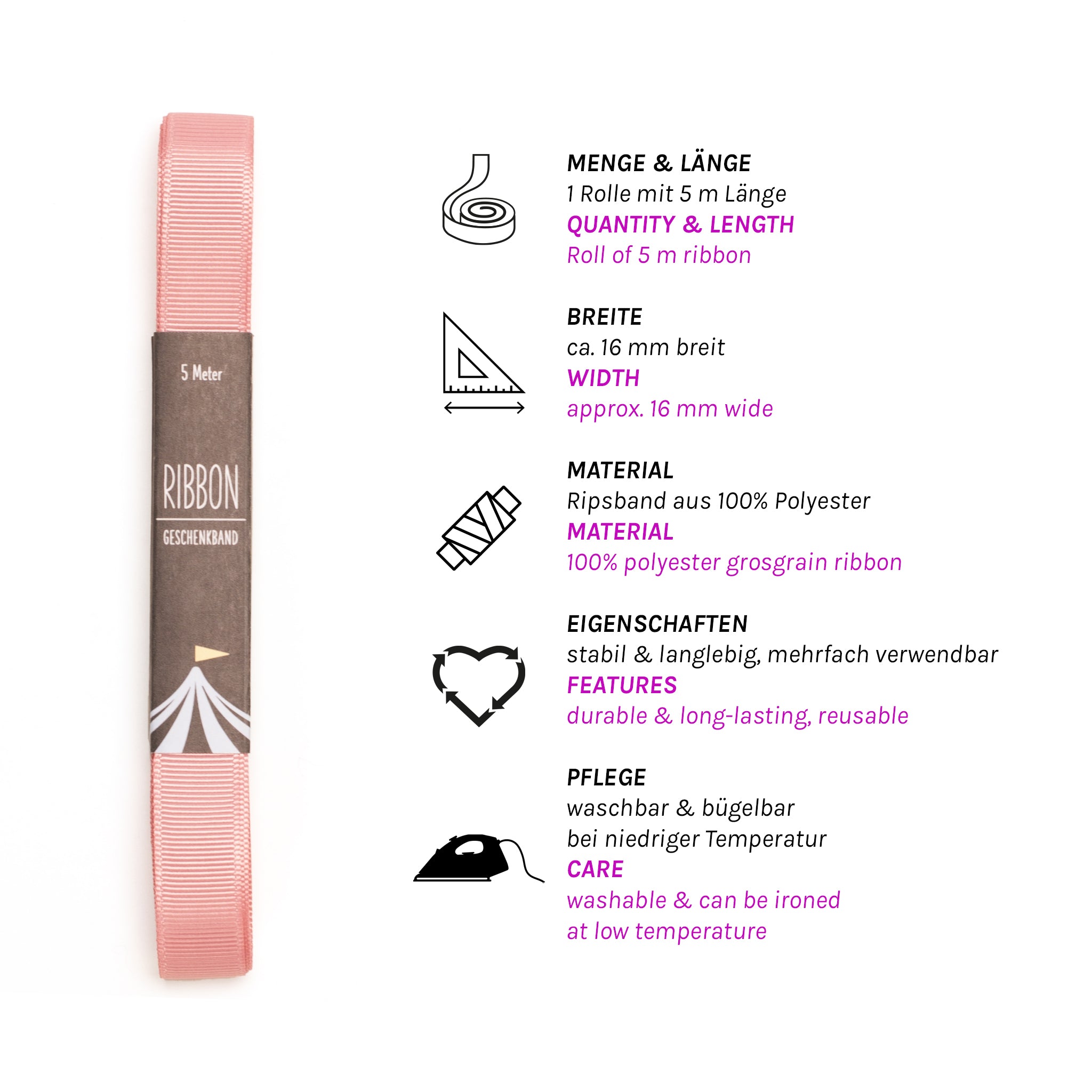 Geschenkband Altrosa - 16mm x 5m