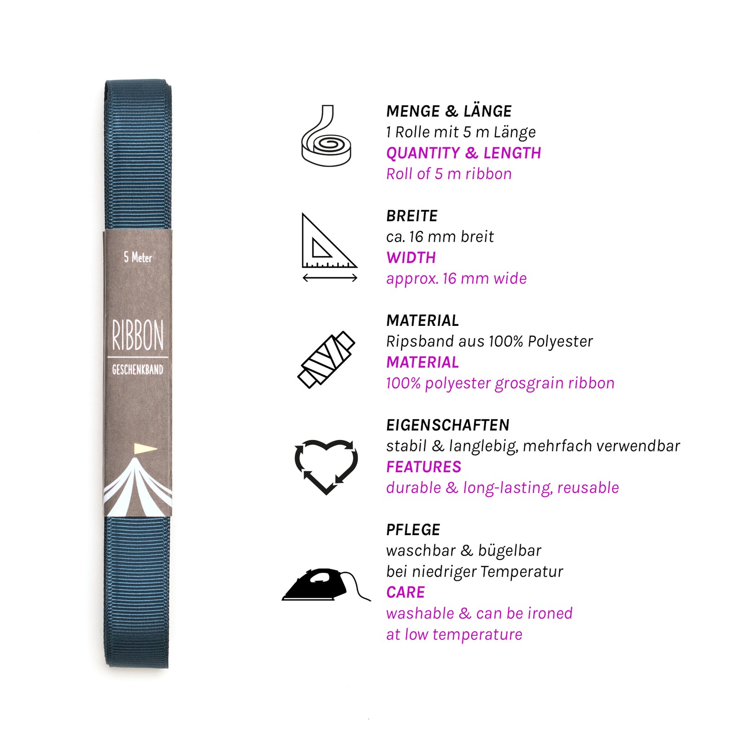 Geschenkband Petrol - 16mm x 5m