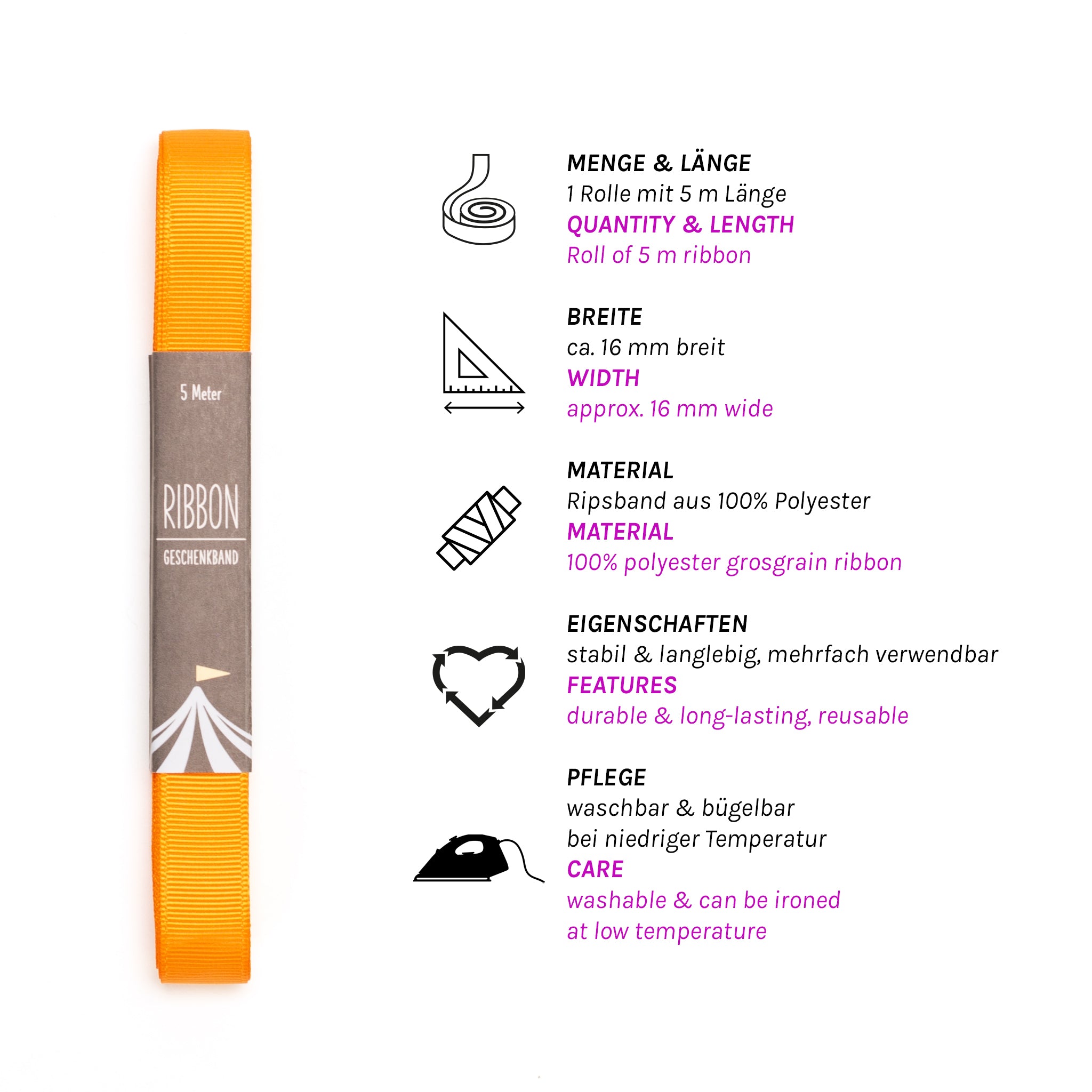 Geschenkband Neon Orange - 16mm x 5m