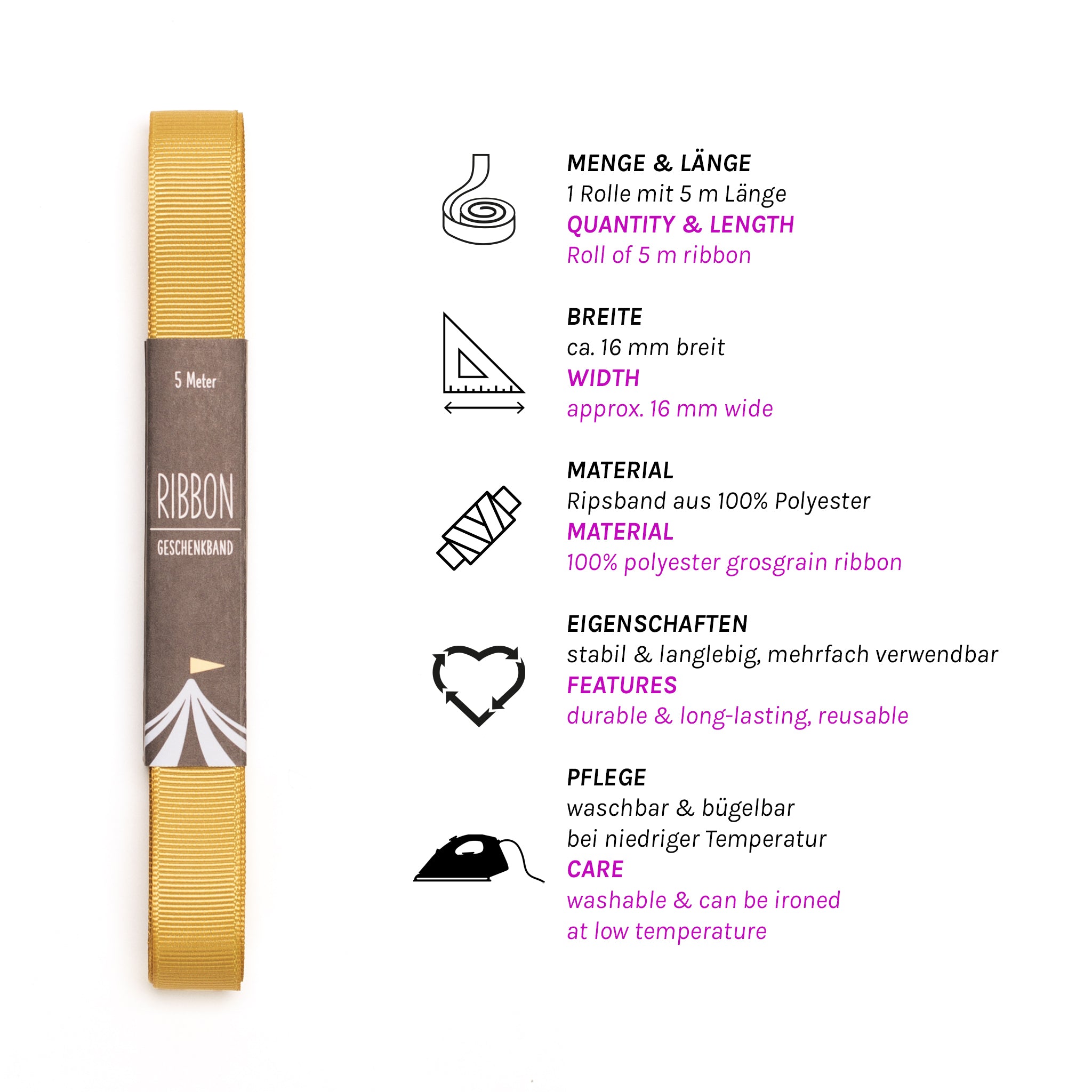 Gift ribbon gold yellow - 16mm x 5m