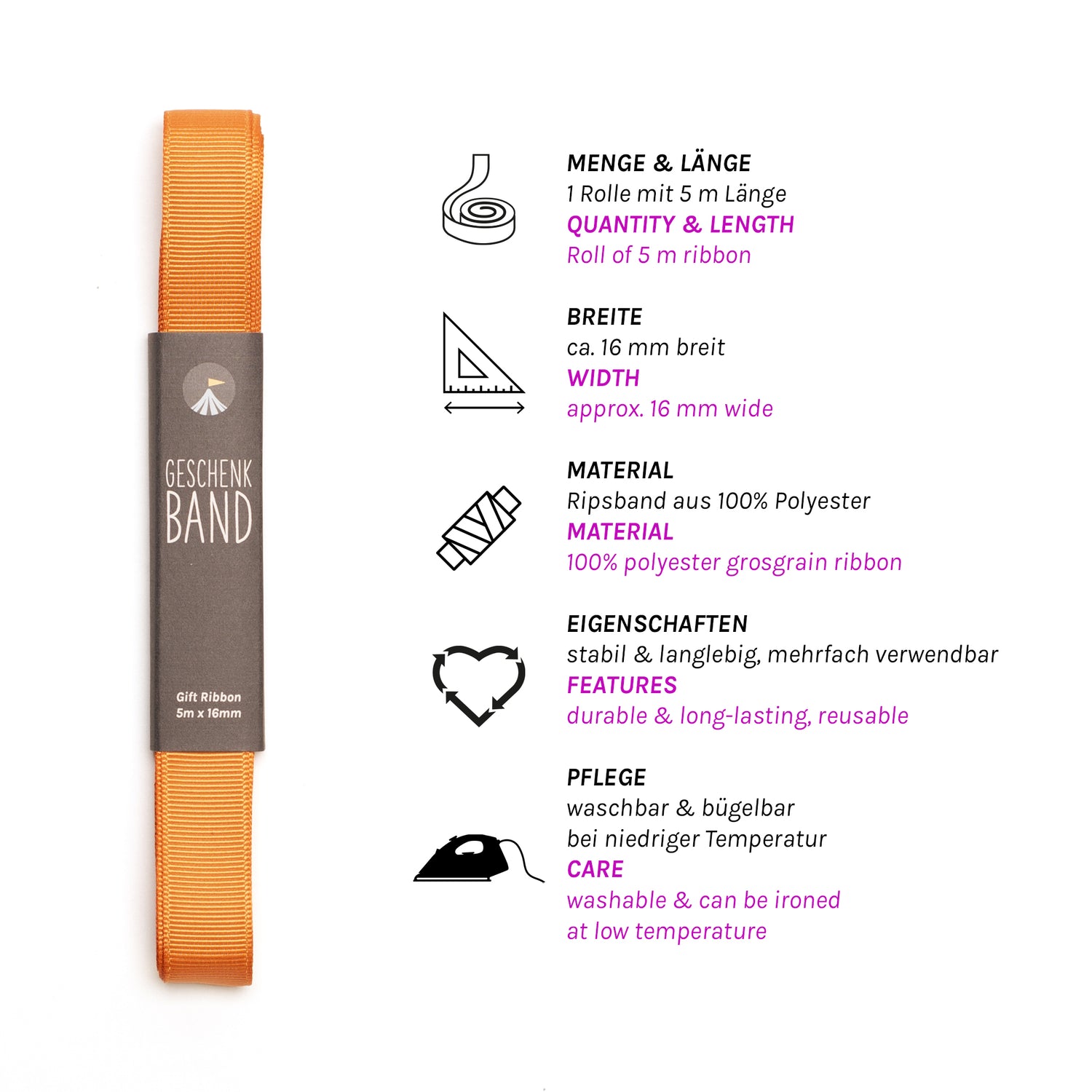 Geschenkband Orange - 16mm x 5m