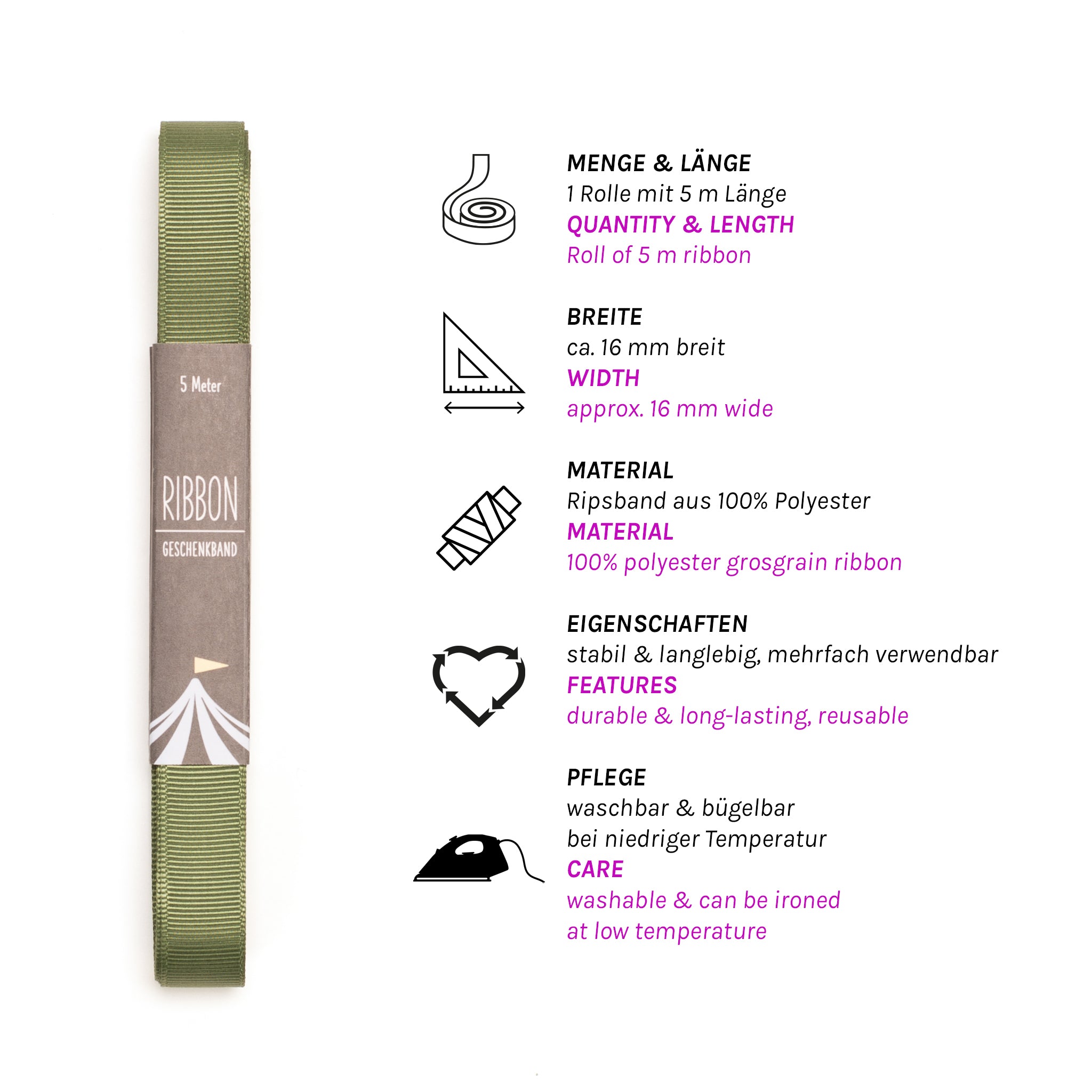 Geschenkband Olivgrün - 16mm x 5m