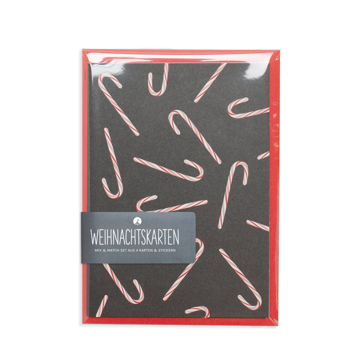 Mix &amp; Match Weihnachtskarten Zuckerstangen grau: 4er Kartenset mit Banderole vor weißem Hintergrund