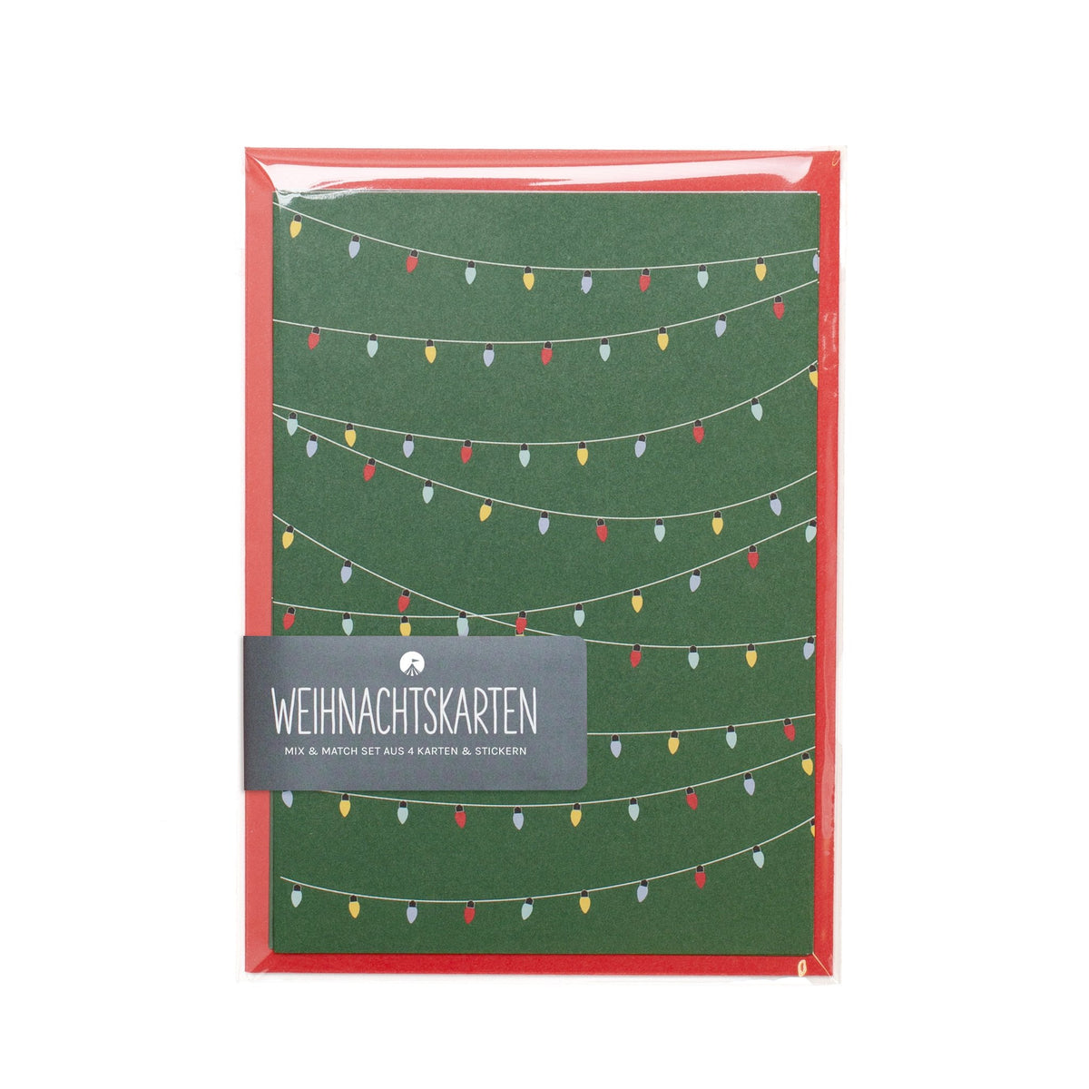 Mix &amp; Match Weihnachtskarten Lichterketten: 4er Kartenset mit Banderole vor weißem Hintergrund