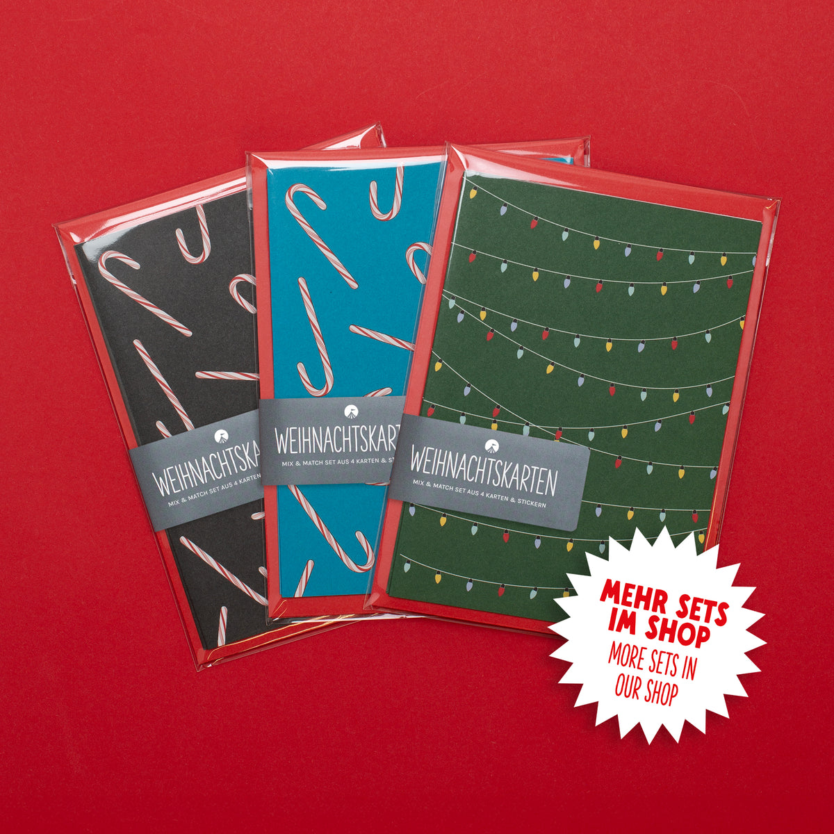 Alle drei Mix &amp; Match Weihnachtskartensets: Zuckerstangen grau, Zuckerstangen türkis und Lichterketten