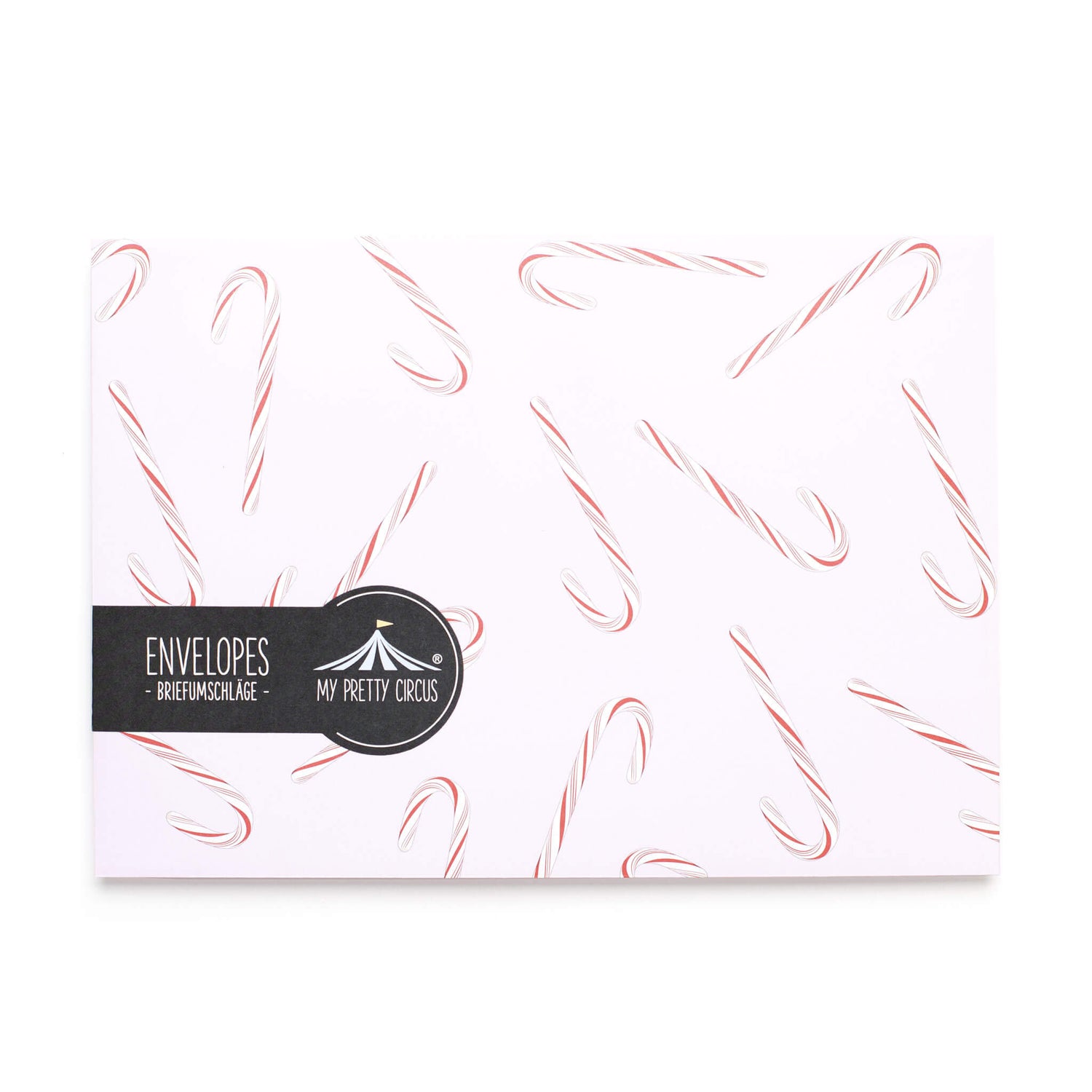 BRIEFUMSCHLÄGE ROSA ZUCKERSTANGEN - Briefumschläge mit Zuckerstangen für Weihnachtsgrüße, Set aus 8 rosa Kuverts in C5 mit selbstklebender Klappe und Adressetiketten zum Beschriften-EN-CAN2206-RO | My Pretty Circus