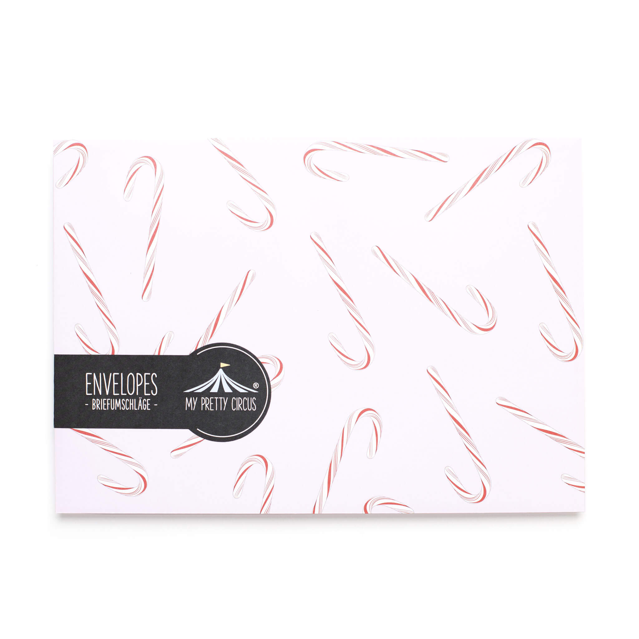 BRIEFUMSCHLÄGE ROSA ZUCKERSTANGEN - Briefumschläge mit Zuckerstangen für Weihnachtsgrüße, Set aus 8 rosa Kuverts in C5 mit selbstklebender Klappe und Adressetiketten zum Beschriften-EN-CAN2206-RO | My Pretty Circus