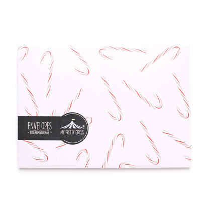 BRIEFUMSCHLÄGE ROSA ZUCKERSTANGEN - Briefumschläge mit Zuckerstangen für Weihnachtsgrüße, Set aus 8 rosa Kuverts in C5 mit selbstklebender Klappe und Adressetiketten zum Beschriften-EN-CAN2206-RO | My Pretty Circus