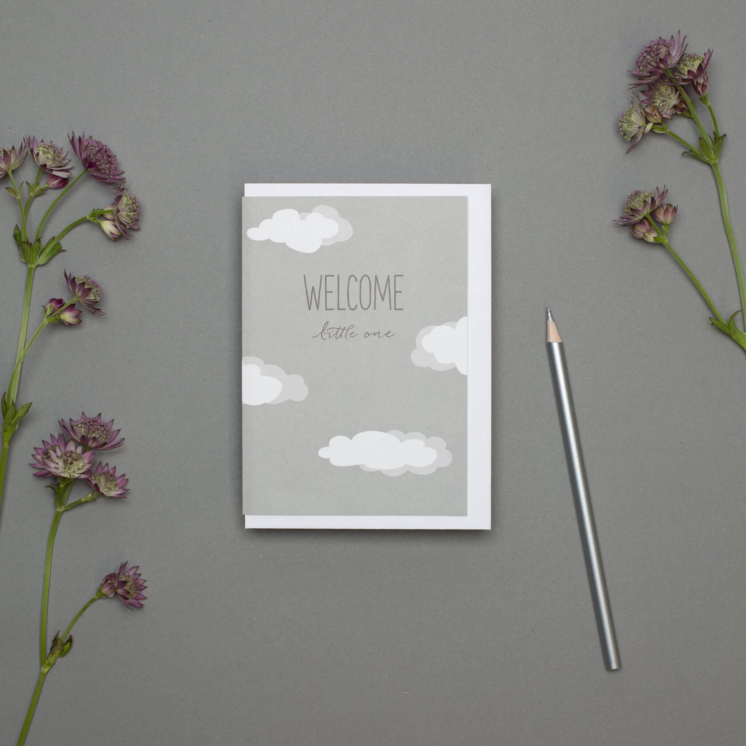 GEBURTSKARTE &quot;WELCOME LITTLE ONE&quot; mit Wolken in grau von My Pretty Circus | GC-CLO2203-LG