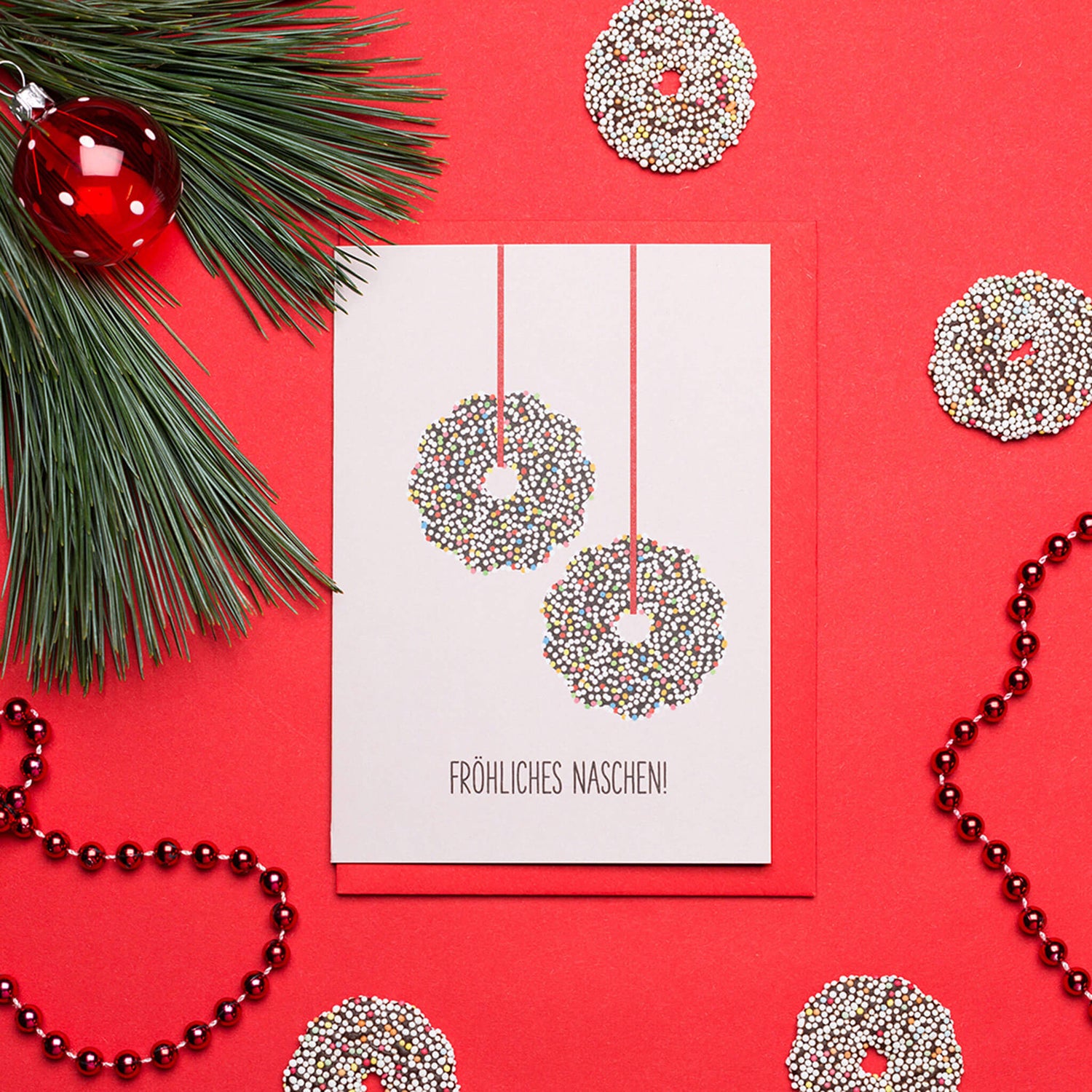 WEIHNACHTSKARTE &quot;FRÖHLICHES NASCHEN&quot; mit Schokokränzen in rosa von My Pretty Circus | GC-NAS2043-LP