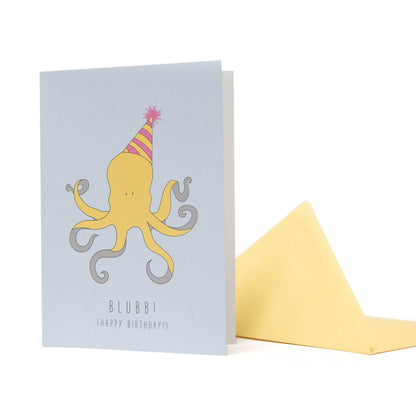 GEBURTSTAGSKARTE KRAKE &quot;BLUBB - HAPPY BIRTHDAY&quot; in hellblau und gelb von My Pretty Circus | GC-OCT1604-LB