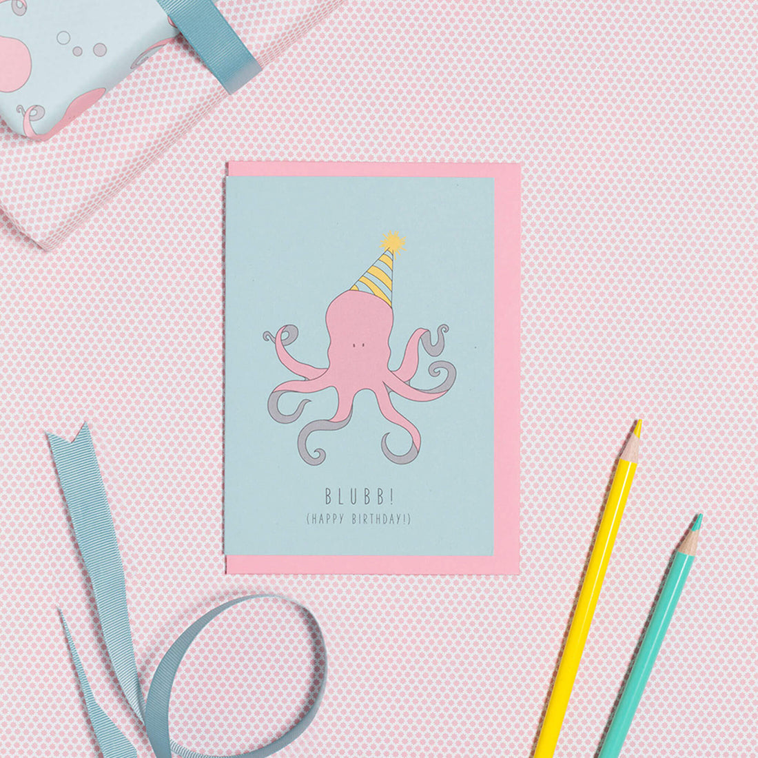 GEBURTSTAGSKARTE KRAKE &quot;BLUBB - HAPPY BIRTHDAY&quot; in mint und rosa  von My Pretty Circus | GC-OCT1605-MI
