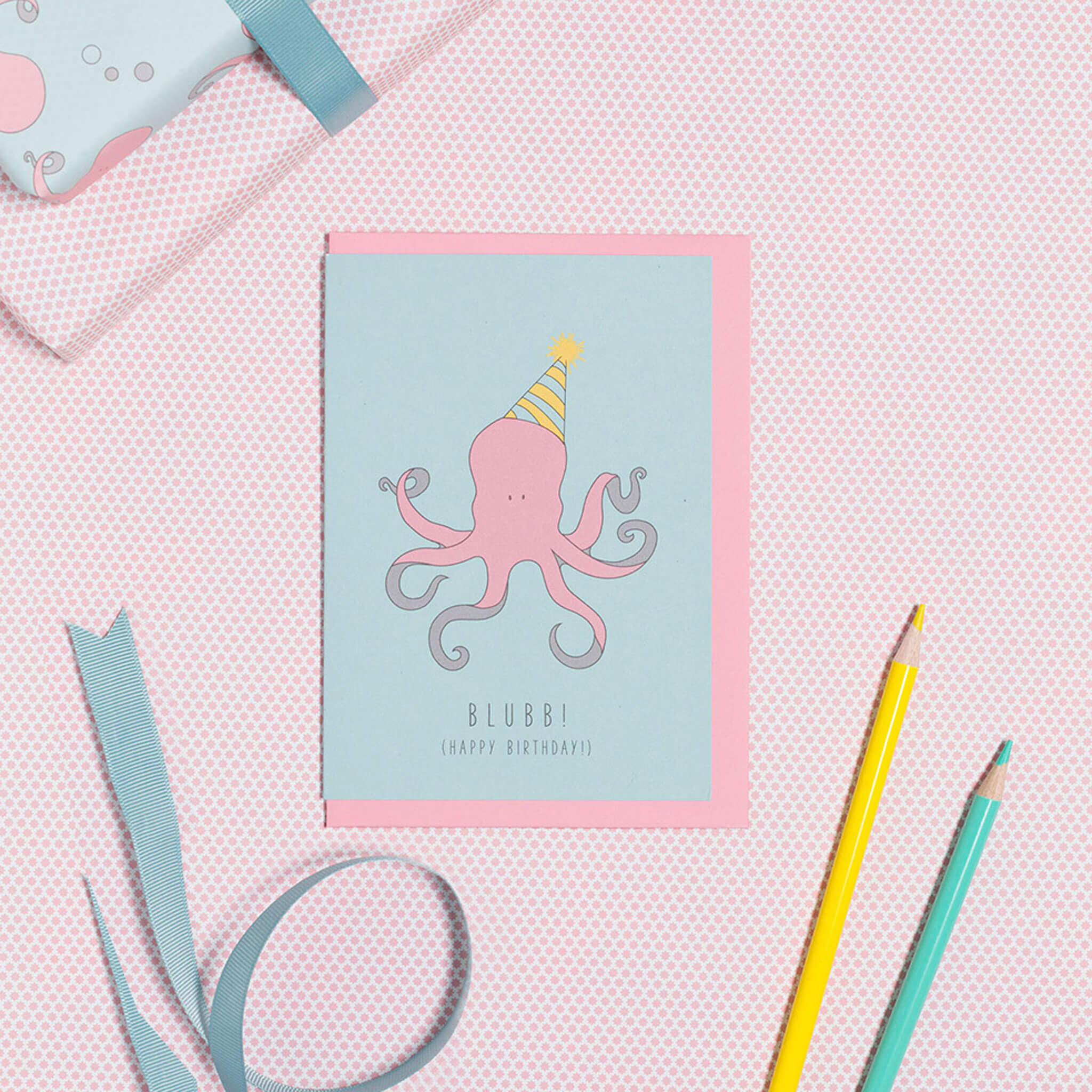 GEBURTSTAGSKARTE KRAKE &quot;BLUBB - HAPPY BIRTHDAY&quot; in mint und rosa  von My Pretty Circus | GC-OCT1605-MI