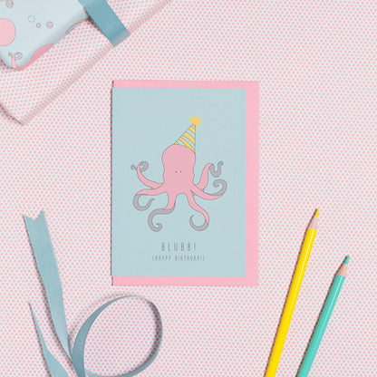 GEBURTSTAGSKARTE KRAKE &quot;BLUBB - HAPPY BIRTHDAY&quot; in mint und rosa  von My Pretty Circus | GC-OCT1605-MI