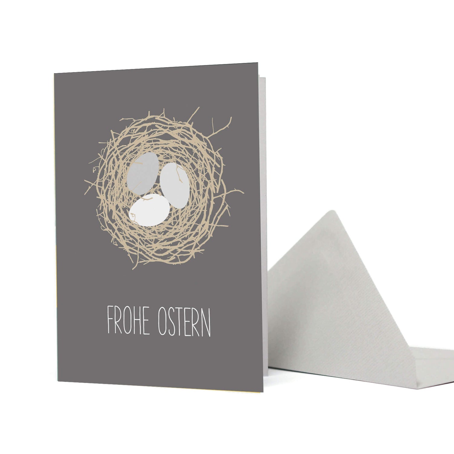 OSTERKARTE NEST &quot;FROHE OSTERN&quot; mit Nest und Eiern in grau von My Pretty Circus | GC-OST1801-DG