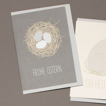 OSTERKARTE NEST &quot;FROHE OSTERN&quot; mit Nest und Eiern in grau von My Pretty Circus | GC-OST1801-DG