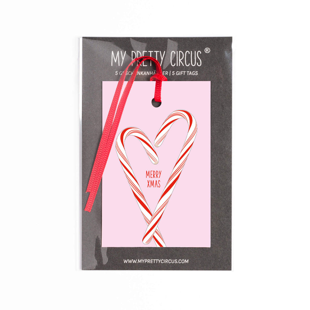 Geschenkanhänger Candy Cane "Merry XMas" - 5er Set mit Zuckerstangen vor rosa und farblich passendem Band - 100% Recyclingpapier von My Pretty Circus | GT-CAN2102-RO