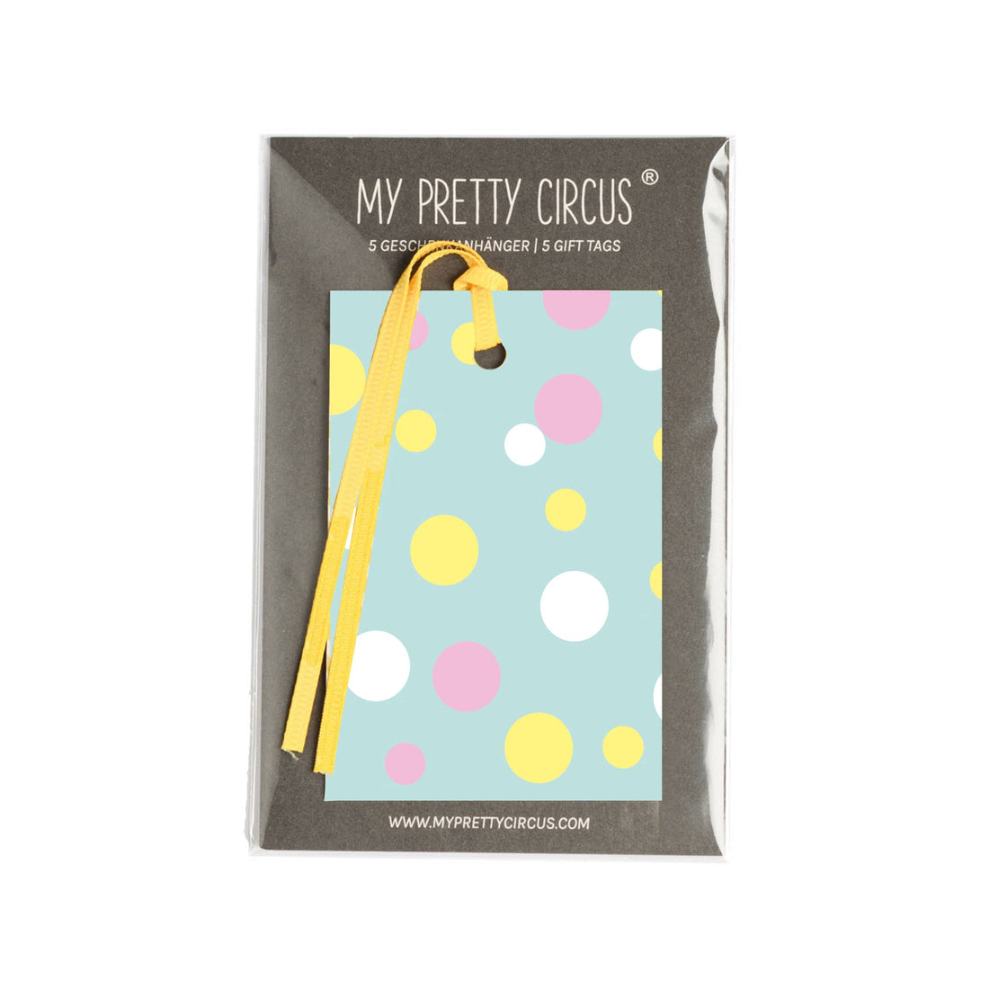Geschenkanhänger &quot;Konfetti&quot; - 5er Set mit bunten Polkadots vor mint und frablich passendem Band - 100% Recyclingpapier von My Pretty Circus | GT-CON014-MI