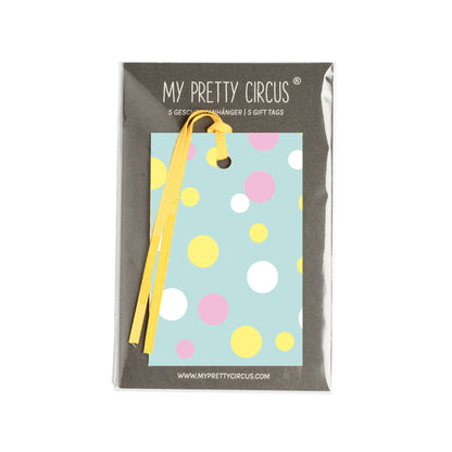 Geschenkanhänger &quot;Konfetti&quot; - 5er Set mit bunten Polkadots vor mint und frablich passendem Band - 100% Recyclingpapier von My Pretty Circus | GT-CON014-MI