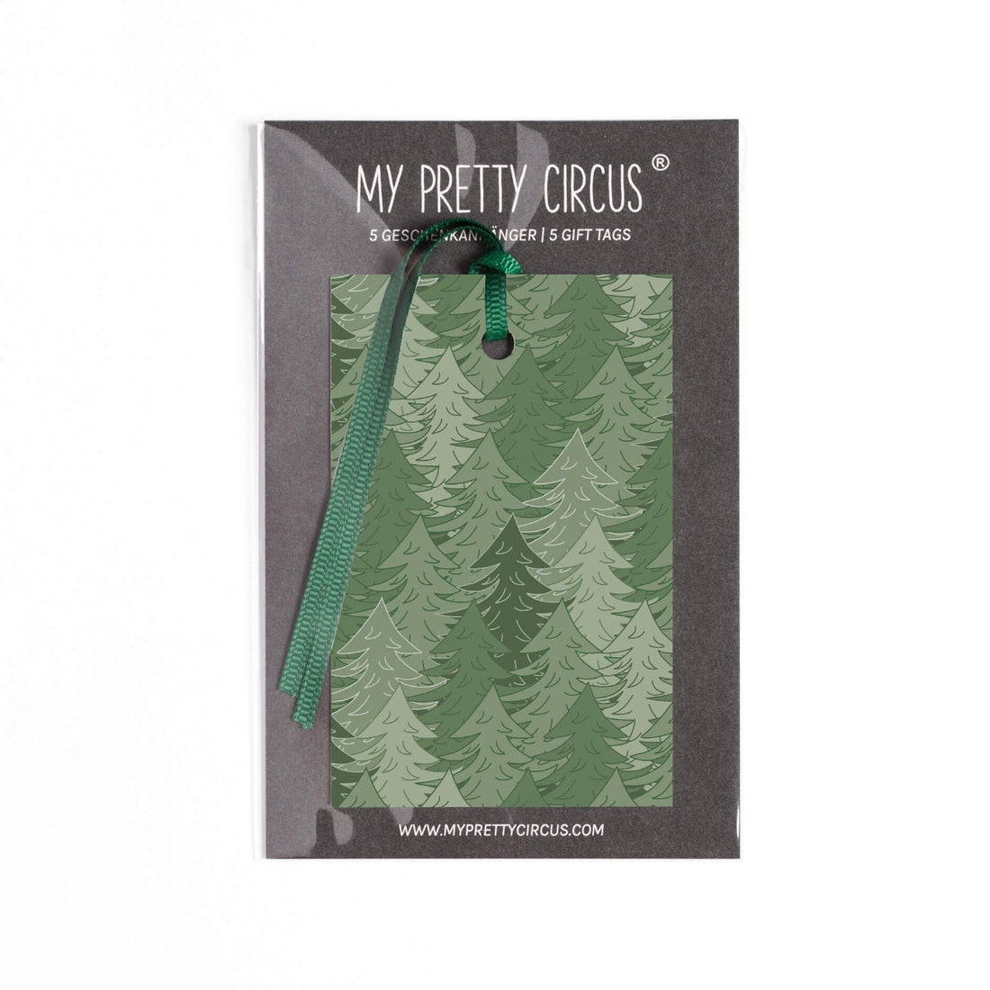 Geschenkanhänger &quot;Wald&quot; - 5er Set mit grünem Tannenwald und farblich passendem Band - 100% Recyclingpapier von My Pretty Circus | GT-FOR2103-GR