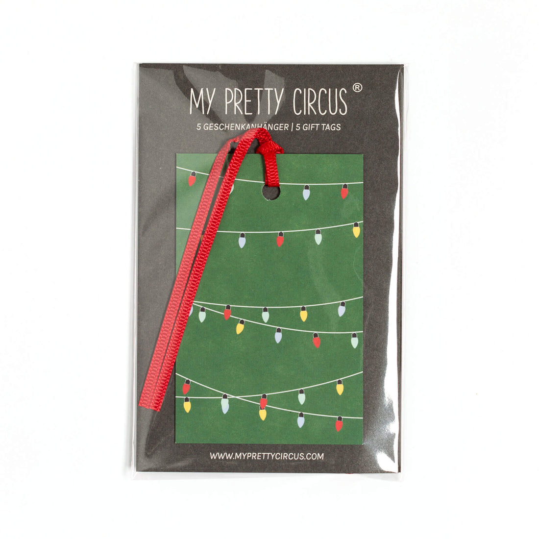 Geschenkanhänger &quot;Lichterkette&quot; - 5er Set mit Weihnachtslichtern vor grün und farblich passendem Band - 100% Recyclingpapier von My Pretty Circus | GT-LIG001-GR